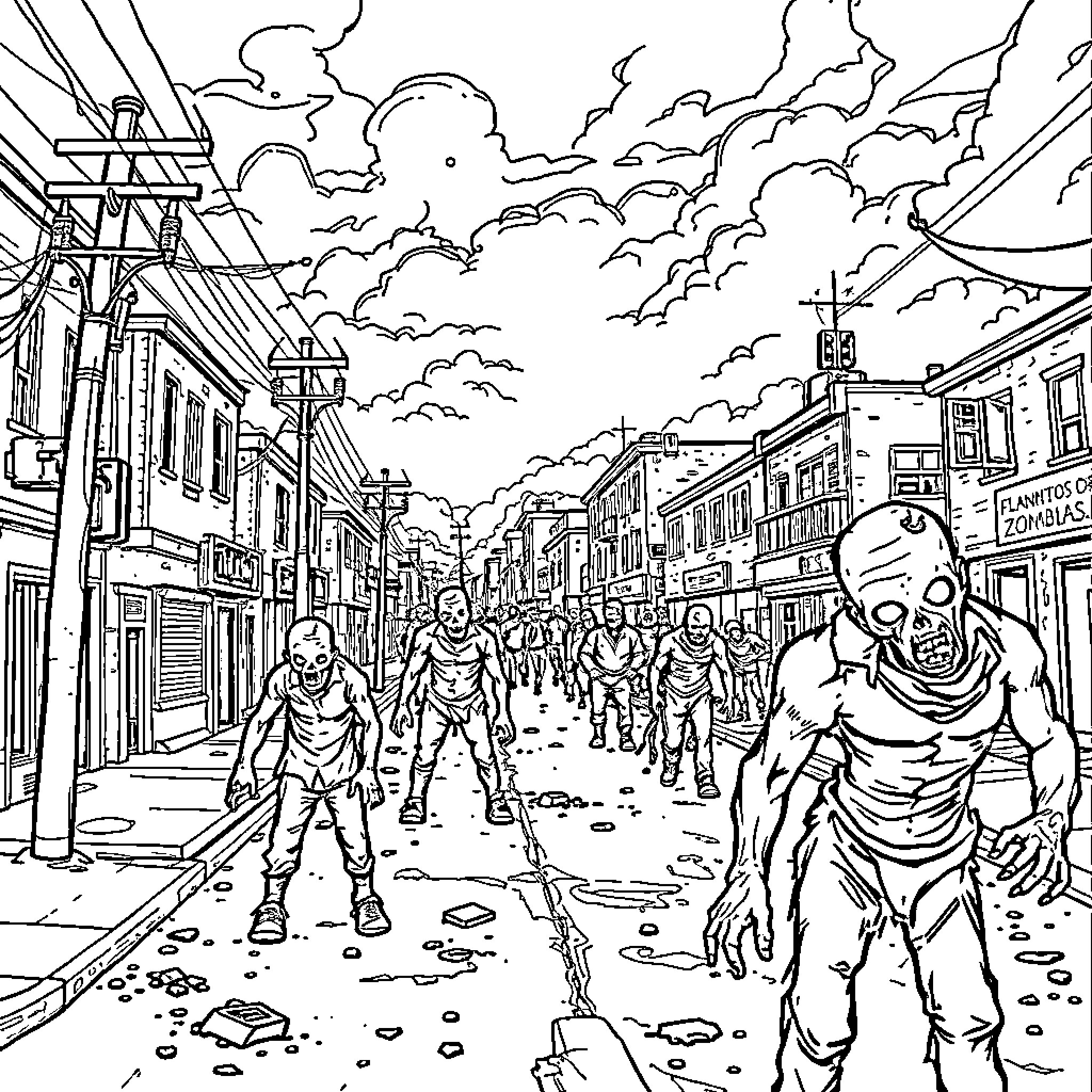 Zombie Apocalypse on the City Streets Coloring Page (free black-and-white line drawing printable PDF for all, from beginners to advanced learners, including children, teens, adults, and seniors)