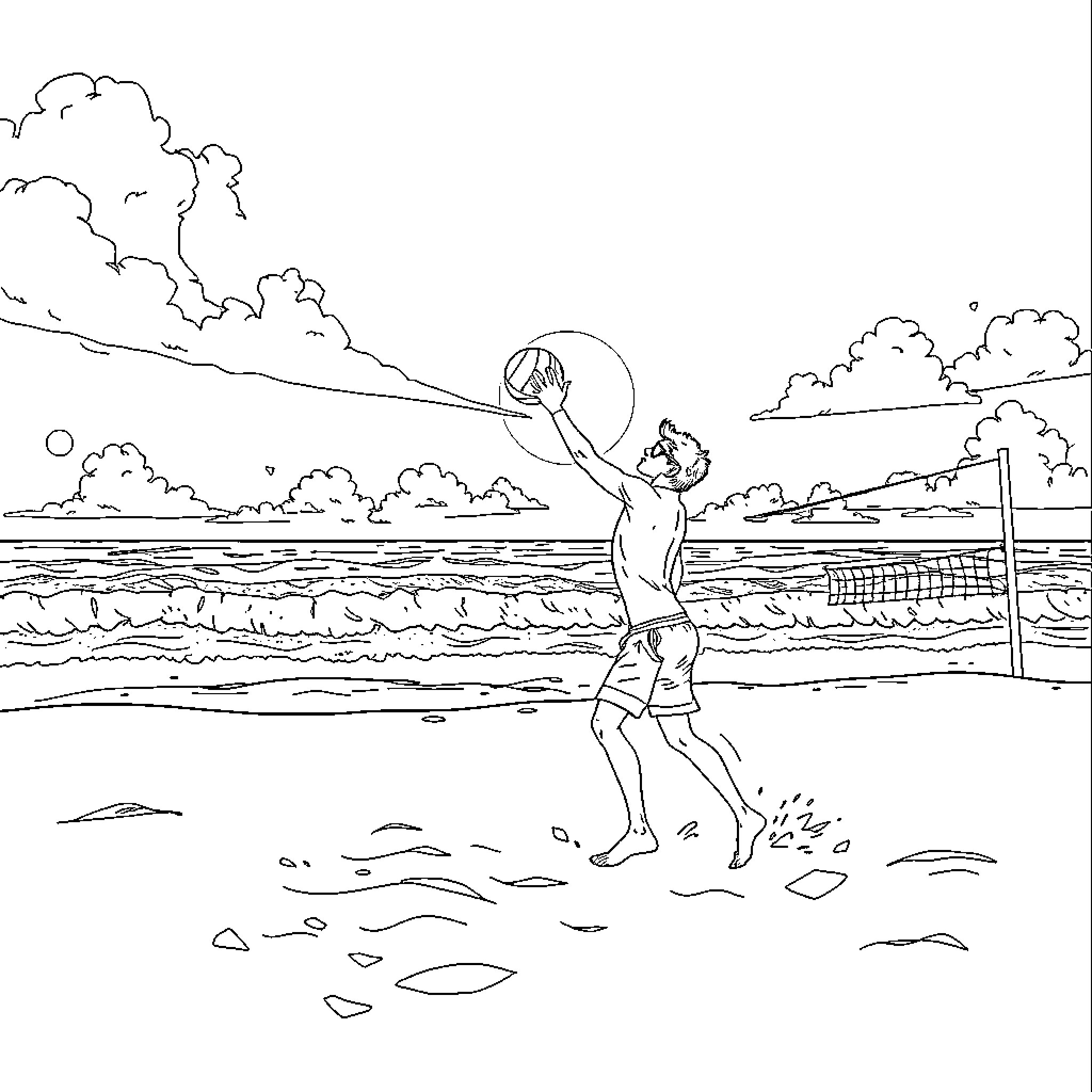 Rean Schwarzer playing volleyball on the beach Coloring Page (free black-and-white line drawing printable PDF for all, from beginners to advanced learners, including children, teens, adults, and seniors)