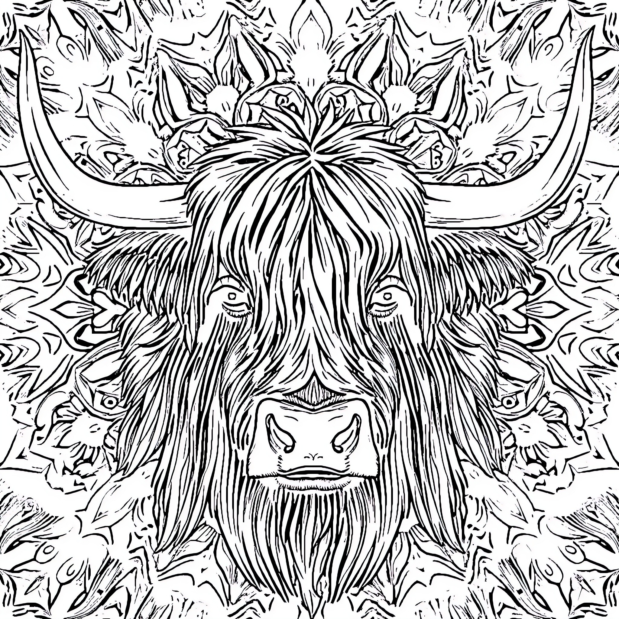 Highland Cow with Intricate Floral Pattern Coloring Page (free black-and-white line drawing printable PDF for all, from beginners to advanced learners, including children, teens, adults, and seniors)