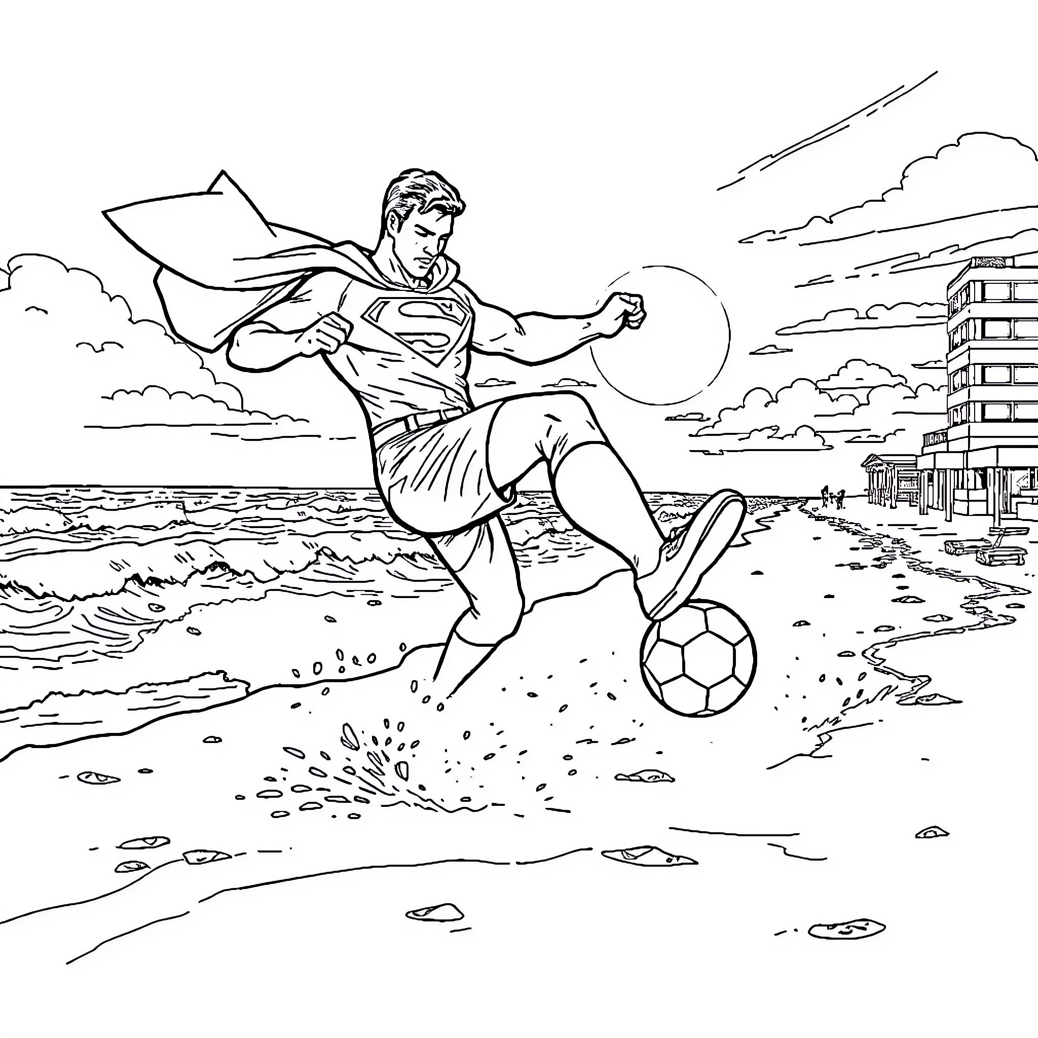 Superman playing soccer on the beach Coloring Page (free black-and-white line drawing printable PDF for all, from beginners to advanced learners, including children, teens, adults, and seniors)