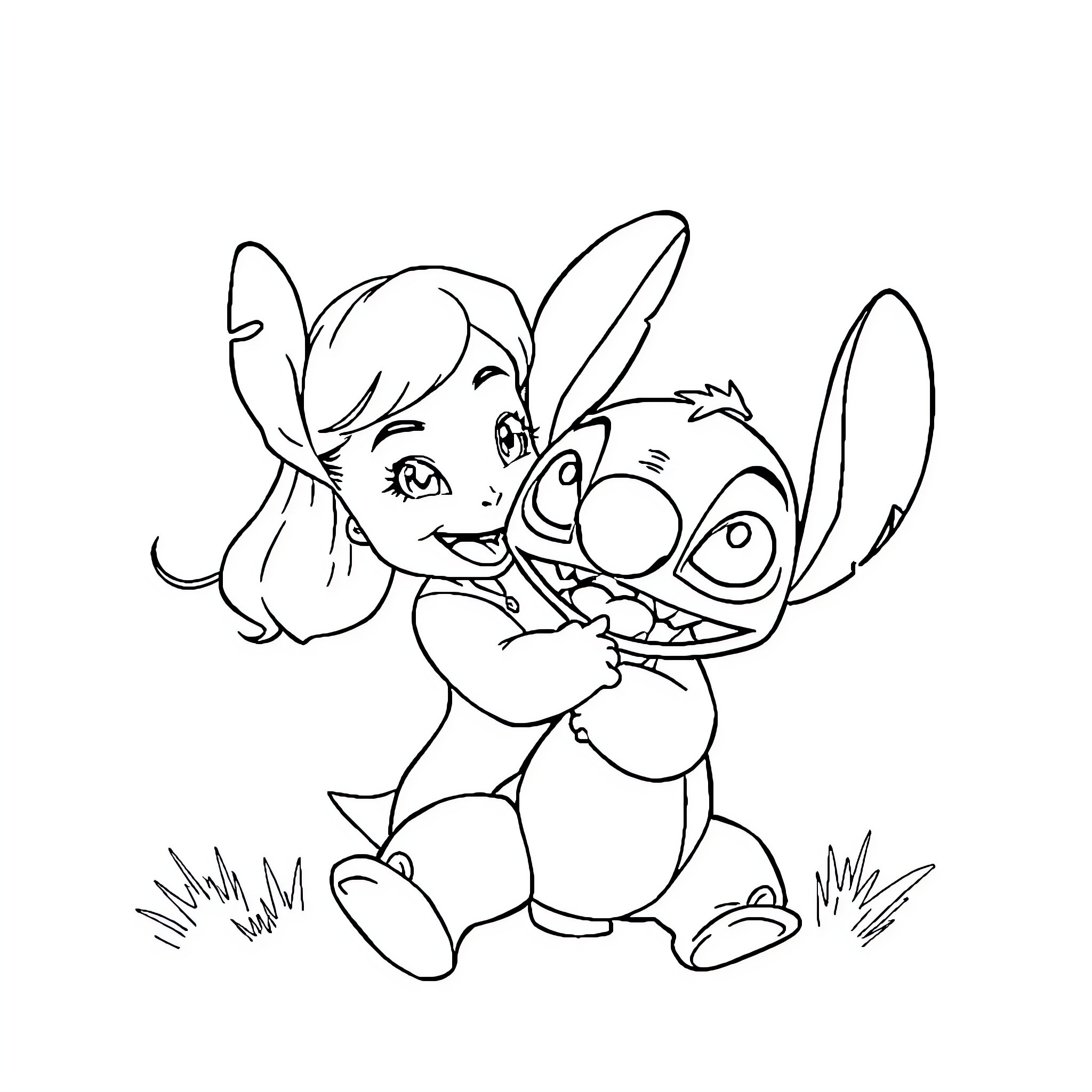 Nani playing joyfully with her curious companion Coloring Page (free black-and-white line drawing printable PDF for all, from beginners to advanced learners, including children, teens, adults, and seniors)