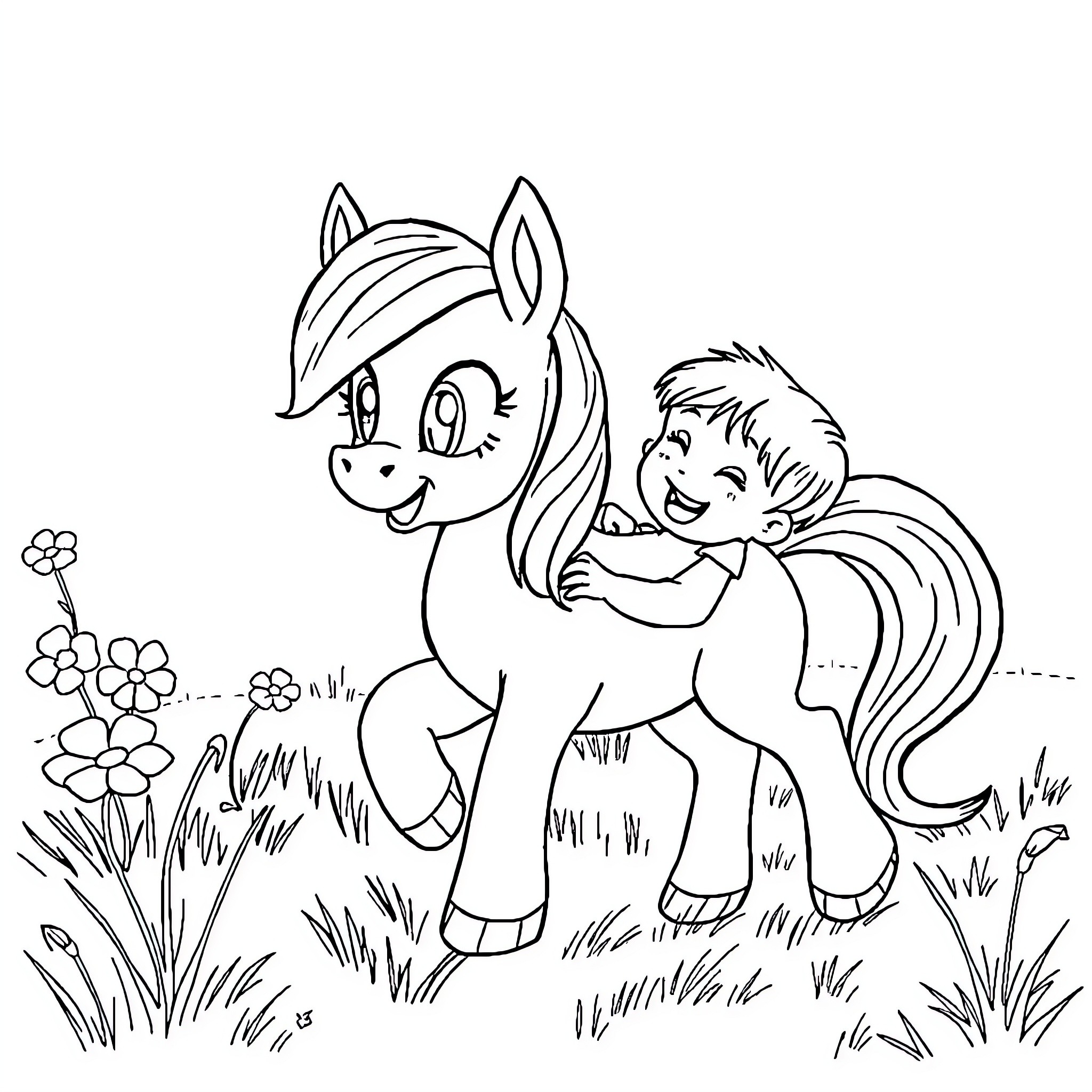 Pony and child playing happily in the meadow Coloring Page (free black-and-white line drawing printable PDF for all, from beginners to advanced learners, including children, teens, adults, and seniors)