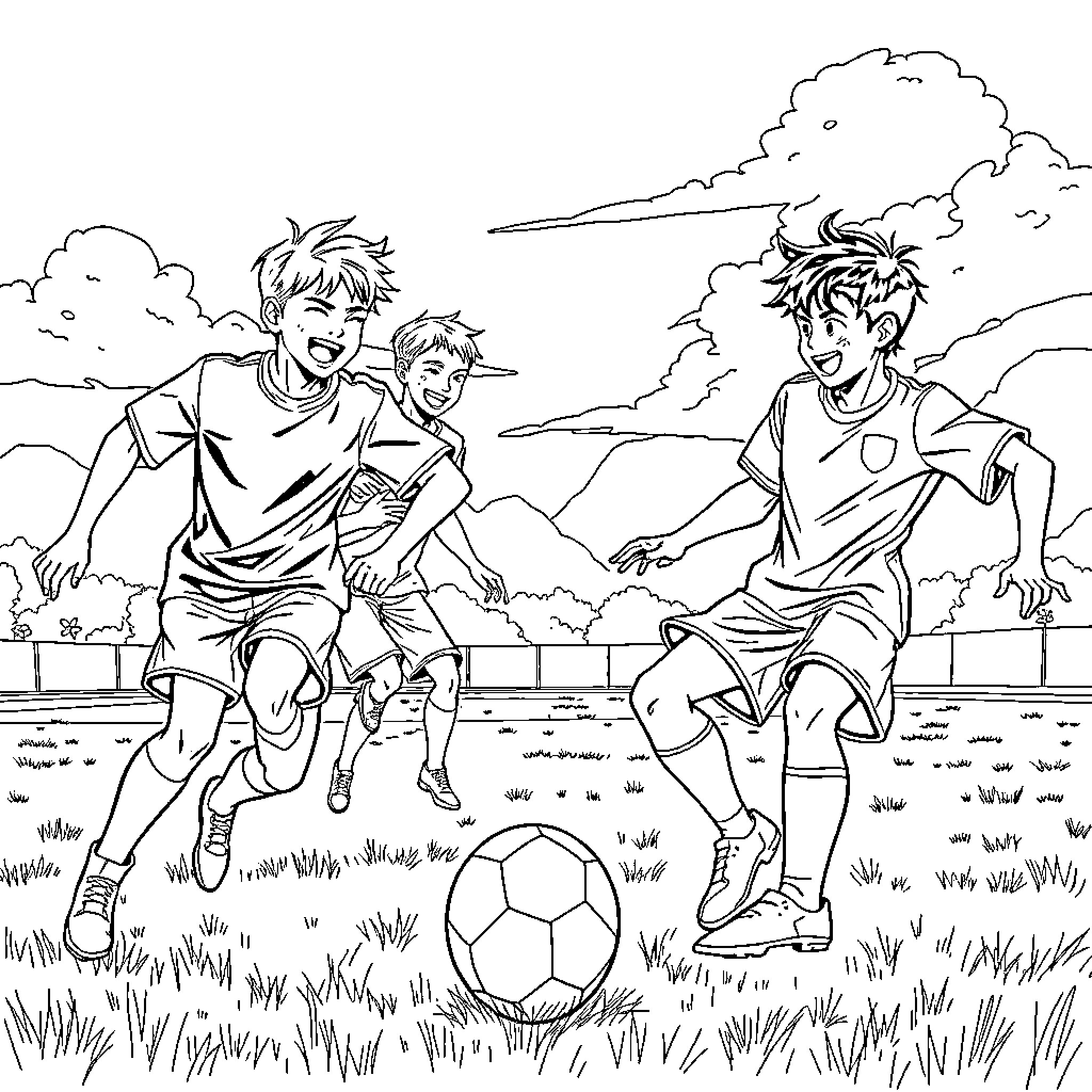 Saja Boys Playing Soccer Outdoors Coloring Page (free black-and-white line drawing printable PDF for all, from beginners to advanced learners, including children, teens, adults, and seniors)
