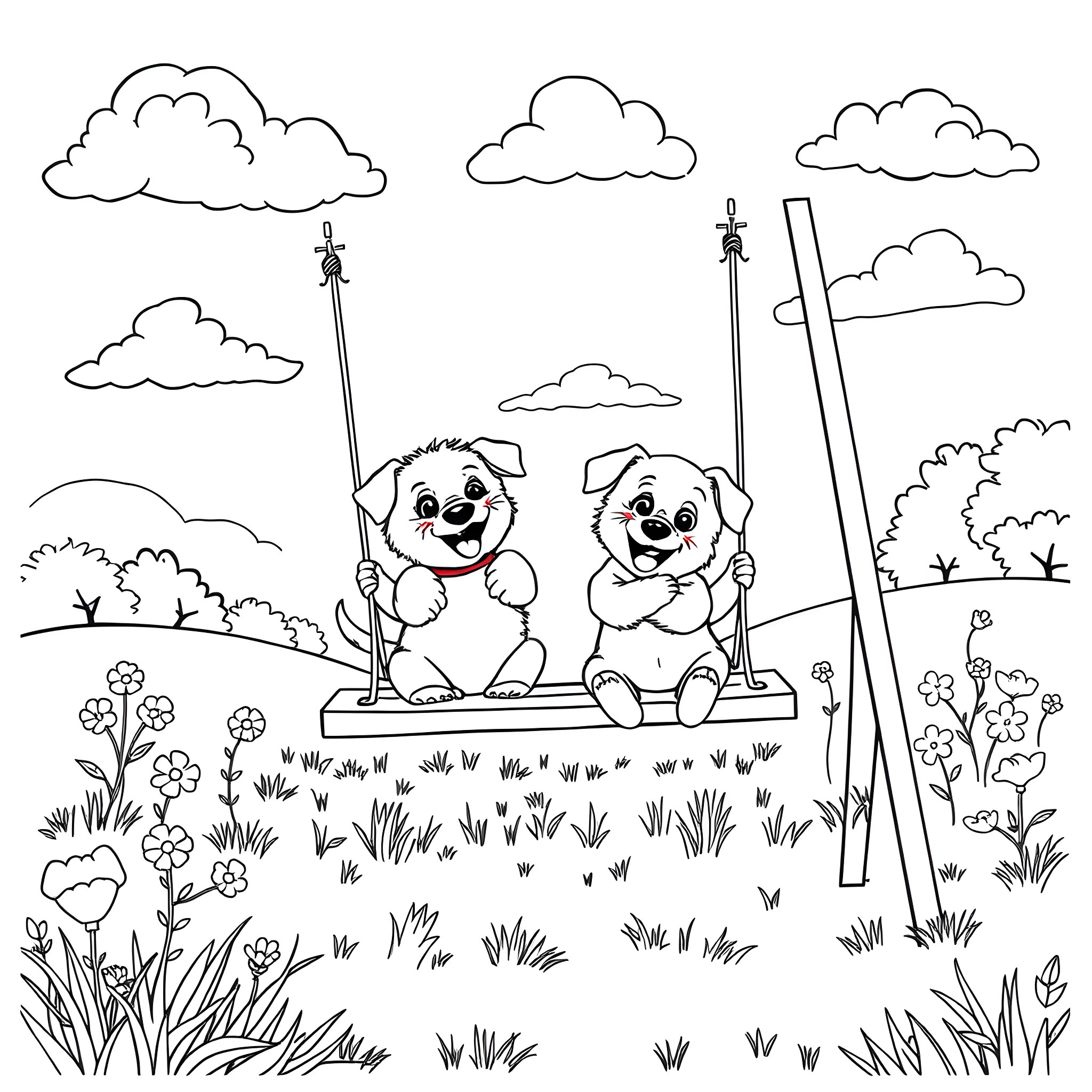 Puppies enjoying a swing on a sunny day Coloring Page (free black-and-white line drawing printable PDF for all, from beginners to advanced learners, including children, teens, adults, and seniors)