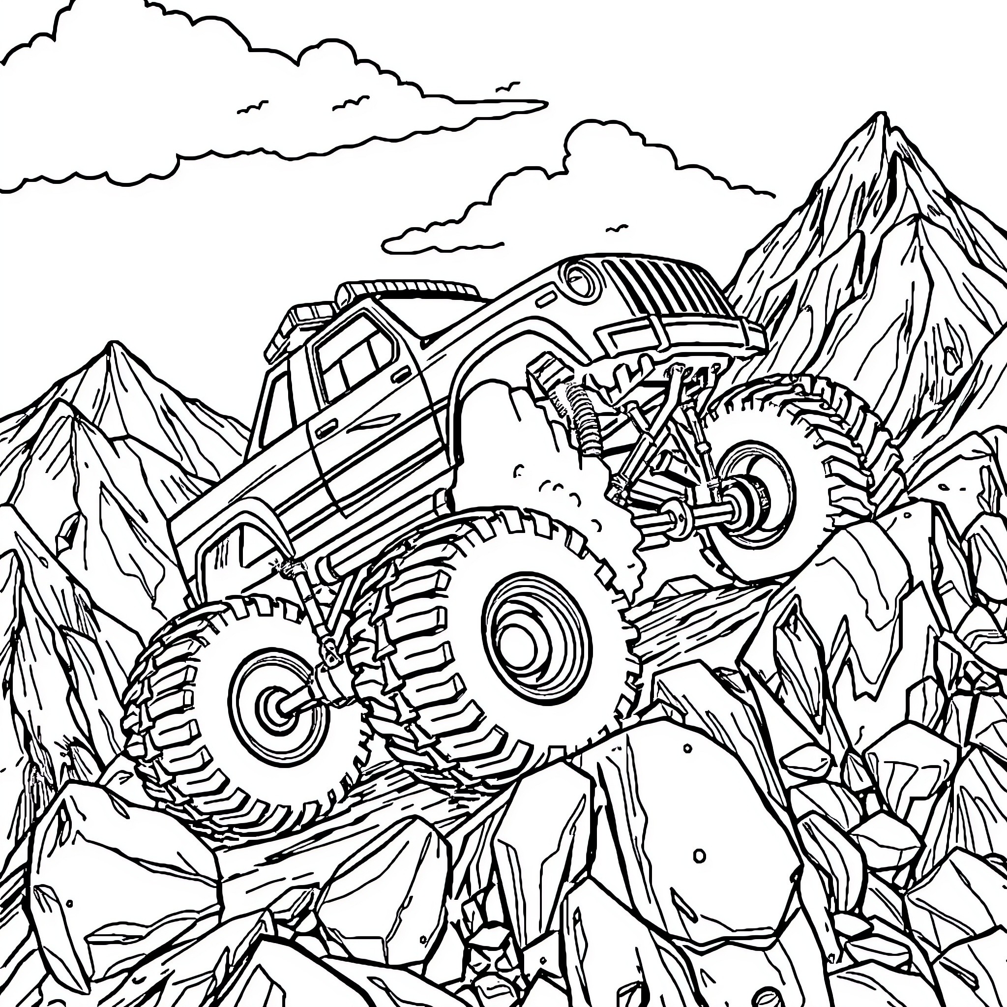Monster Truck Conquering Rocky Terrain Coloring Page (free black-and-white line drawing printable PDF for all, from beginners to advanced learners, including children, teens, adults, and seniors)
