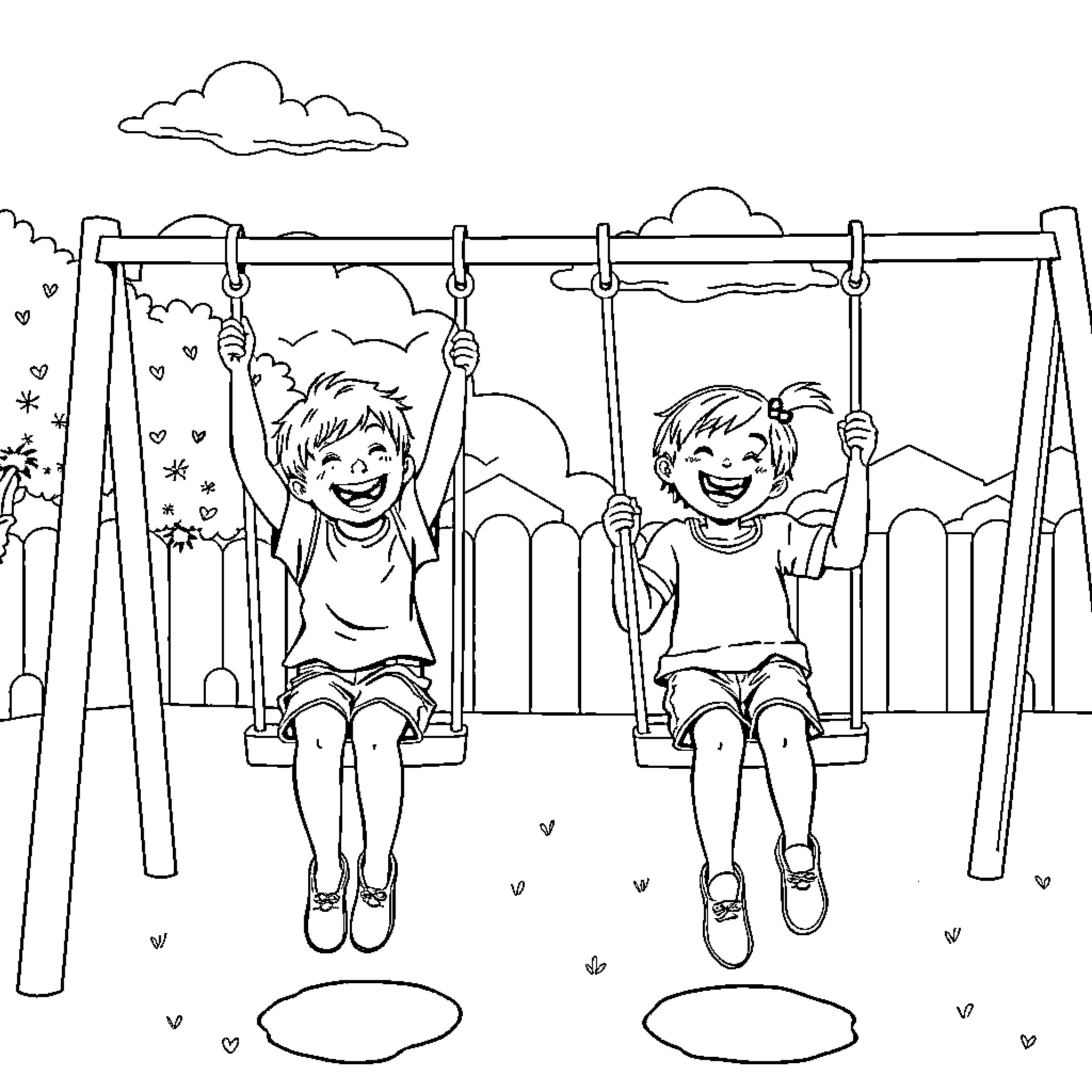 Kid friends playing happily on swing set Coloring Page (free black-and-white line drawing printable PDF for all, from beginners to advanced learners, including children, teens, adults, and seniors)