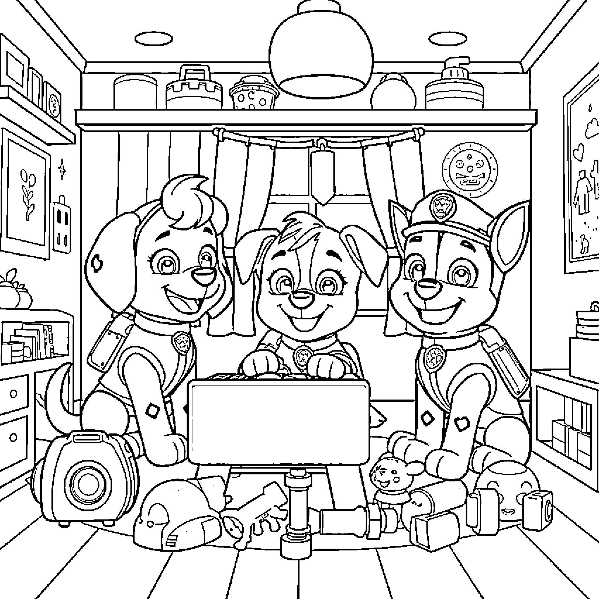 Paw Patrol characters in an adventure scene Coloring Page (free black-and-white line drawing printable PDF for all, from beginners to advanced learners, including children, teens, adults, and seniors)