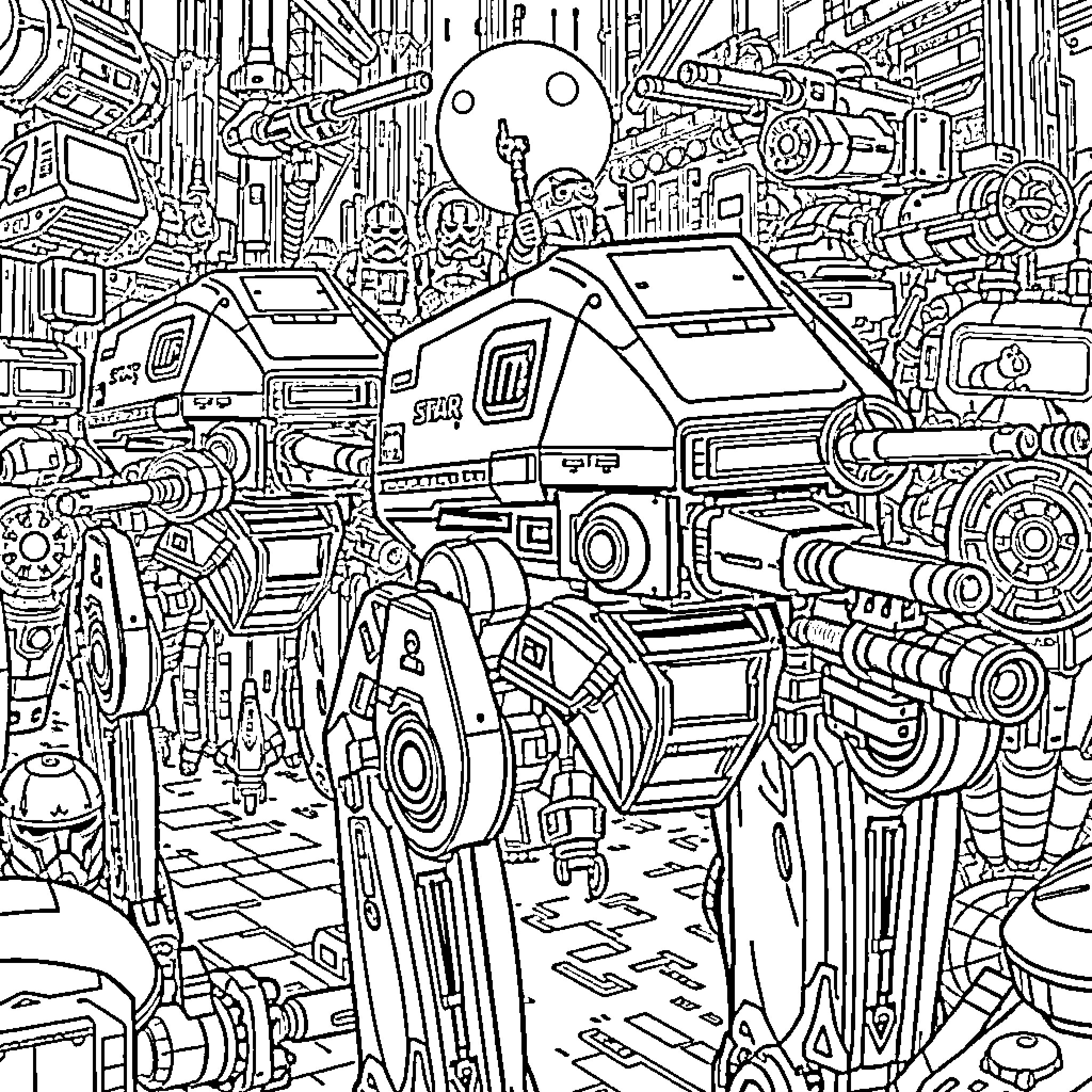 Astromech droids in a bustling futuristic workshop Coloring Page (free black-and-white line drawing printable PDF for all, from beginners to advanced learners, including children, teens, adults, and seniors)