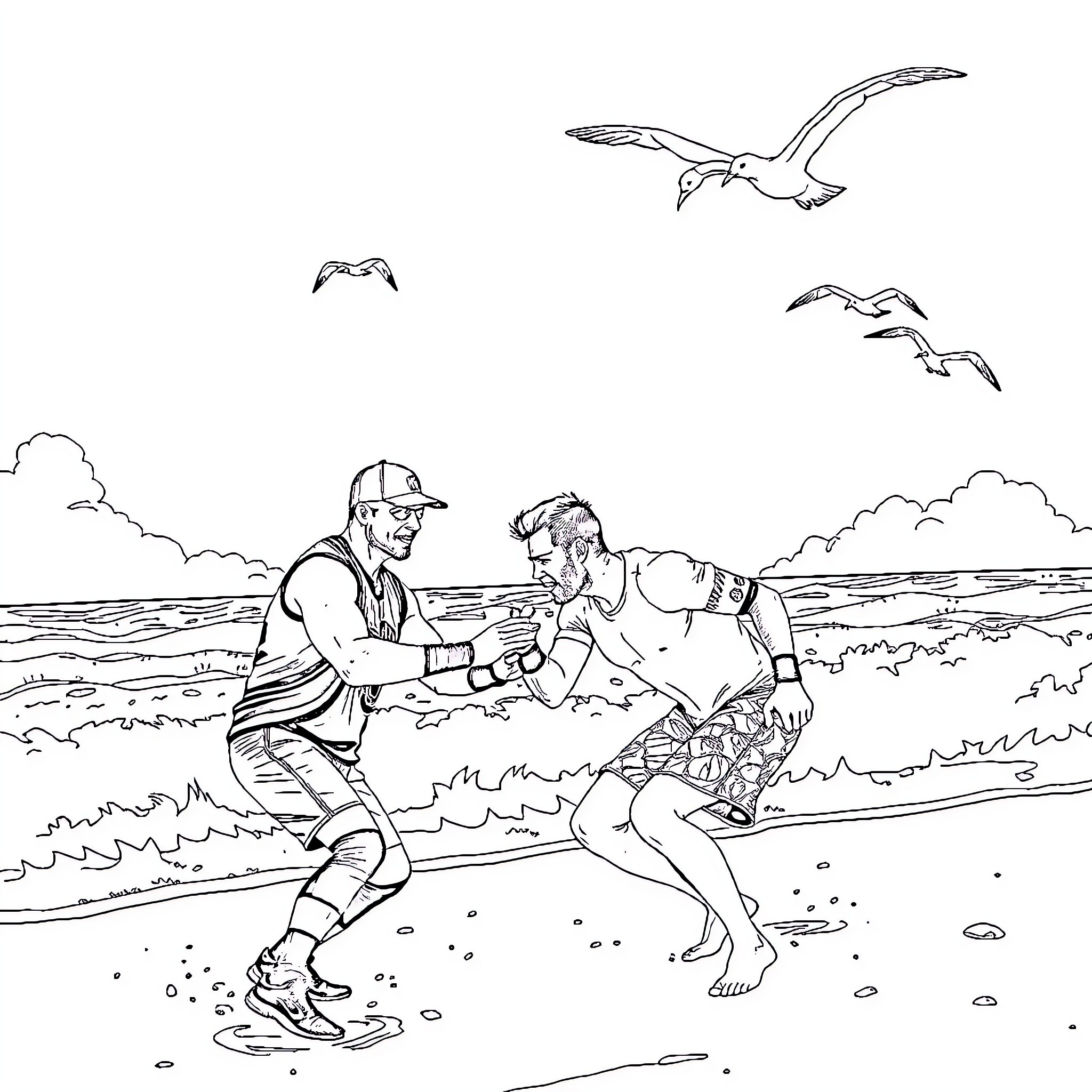 John Cena's beachside frolic with playful companion Coloring Page (free black-and-white line drawing printable PDF for all, from beginners to advanced learners, including children, teens, adults, and seniors)