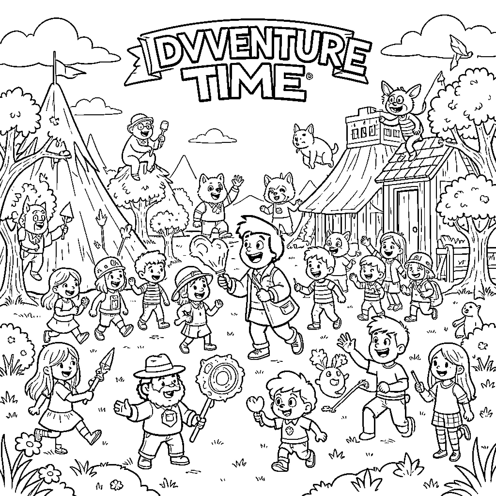Adventure Time: Joyful Outdoor Excursion with Friends Coloring Page (free black-and-white line drawing printable PDF for all, from beginners to advanced learners, including children, teens, adults, and seniors)