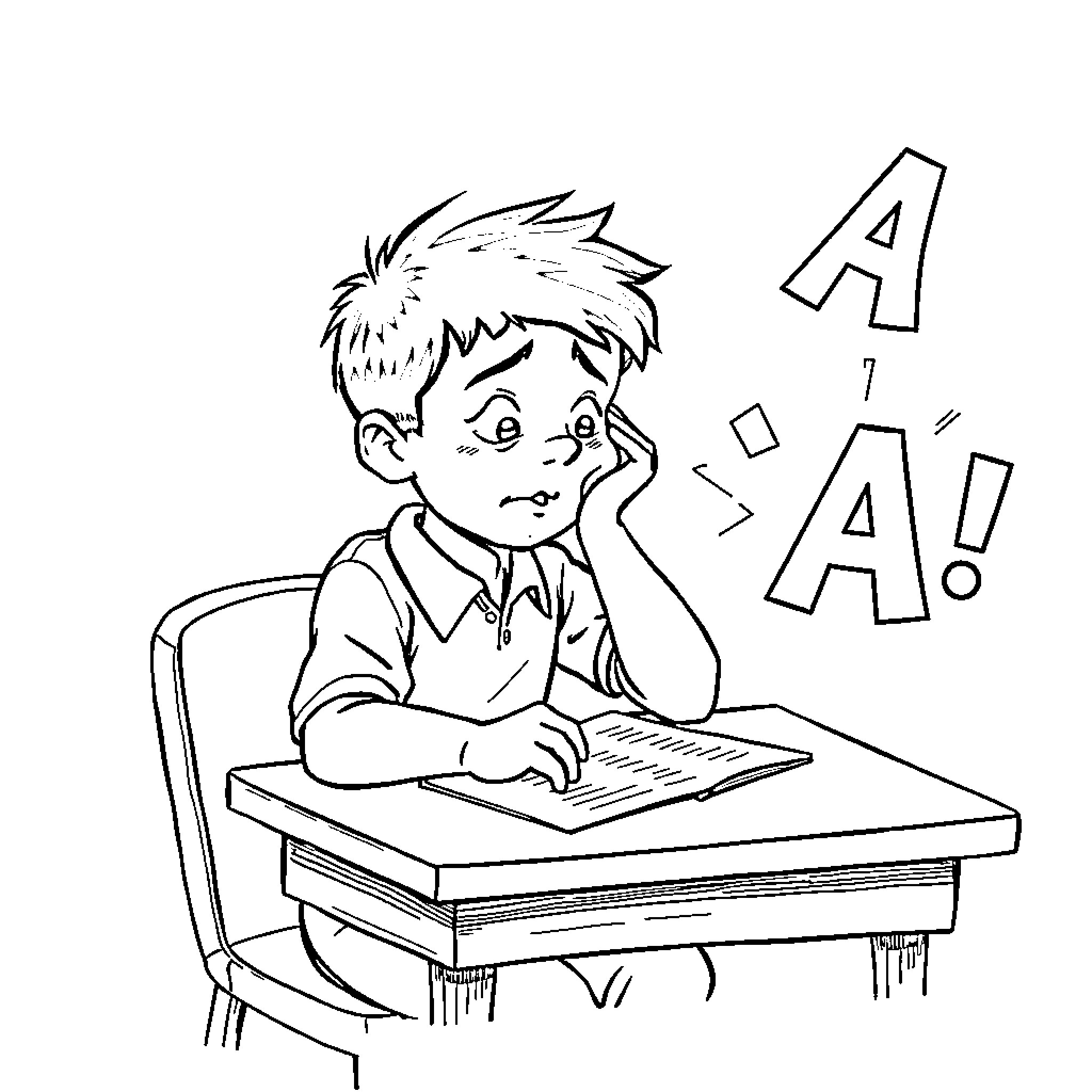Boy intently working on schoolwork at desk Coloring Page (free black-and-white line drawing printable PDF for all, from beginners to advanced learners, including children, teens, adults, and seniors)