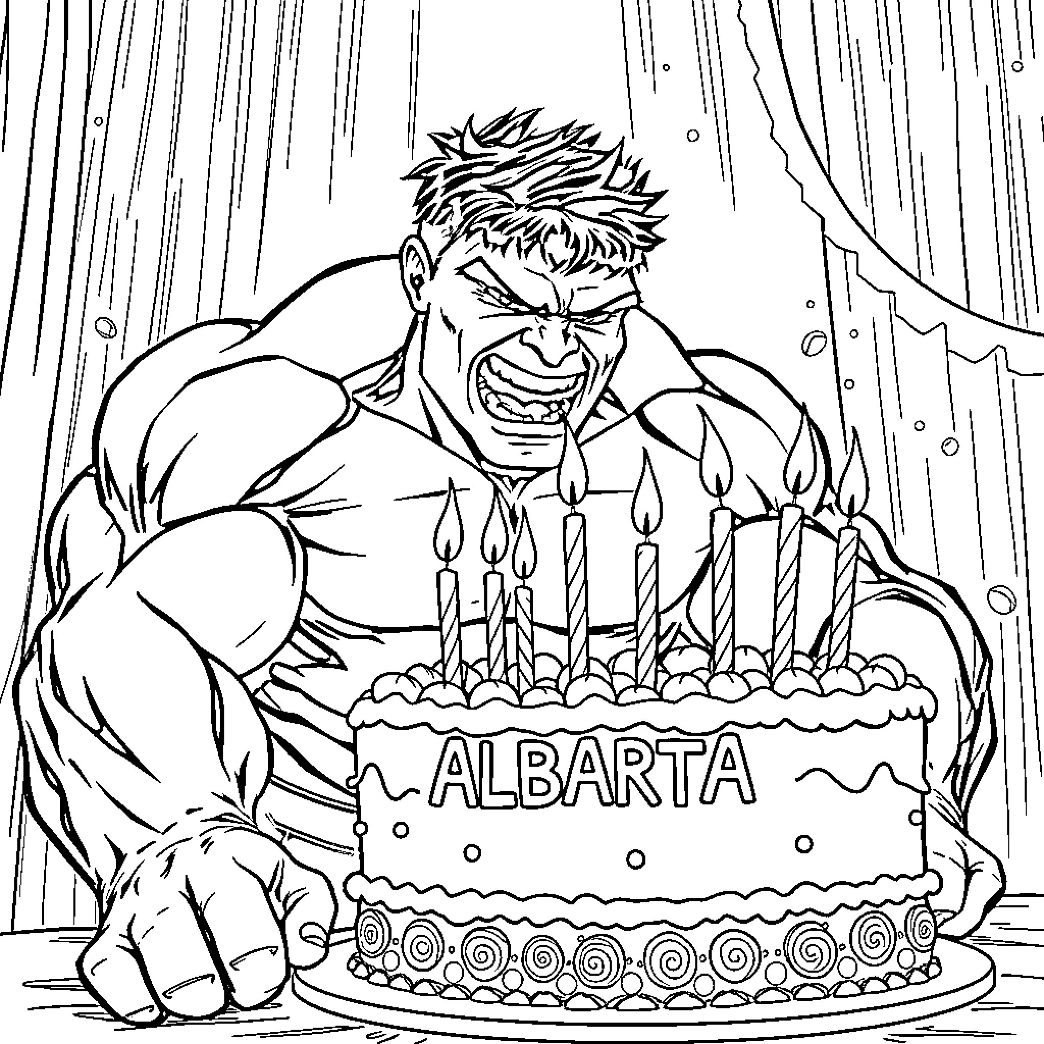 Hulk Celebrates Birthday with Cake and Candles Coloring Page (free black-and-white line drawing printable PDF for all, from beginners to advanced learners, including children, teens, adults, and seniors)