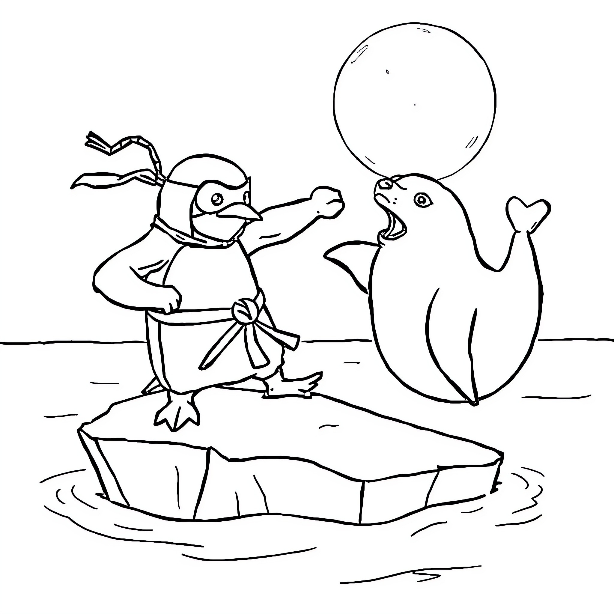 Penguins engaging in playful interaction Coloring Page (free black-and-white line drawing printable PDF for all, from beginners to advanced learners, including children, teens, adults, and seniors)