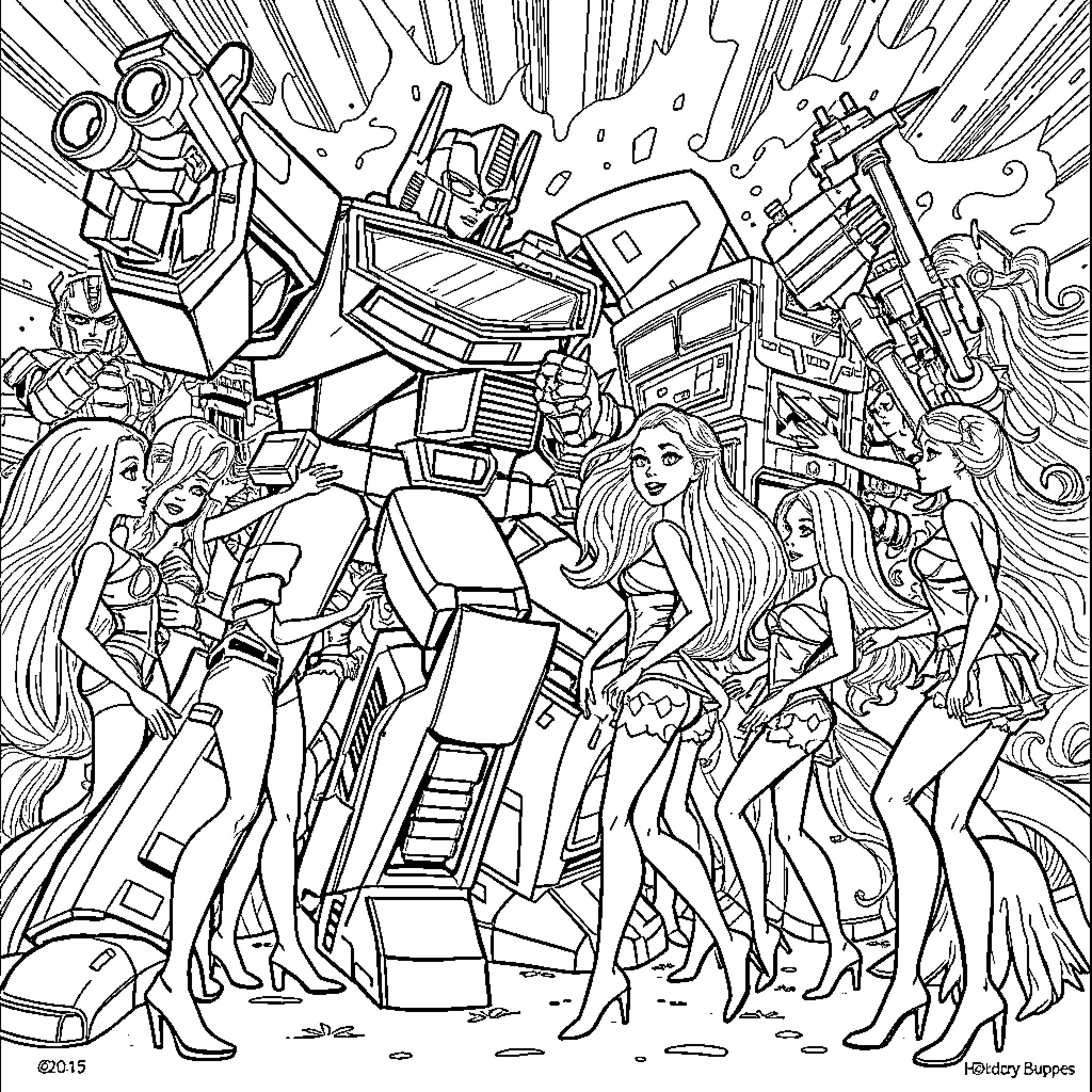 Transformer battle with heroic figures in action Coloring Page (free black-and-white line drawing printable PDF for all, from beginners to advanced learners, including children, teens, adults, and seniors)