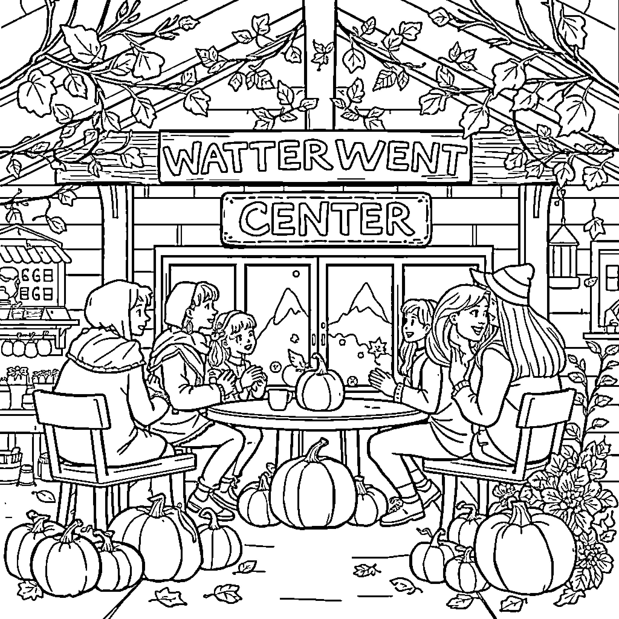 Gathering of friends at the Watterwent Center Coloring Page (free black-and-white line drawing printable PDF for all, from beginners to advanced learners, including children, teens, adults, and seniors)