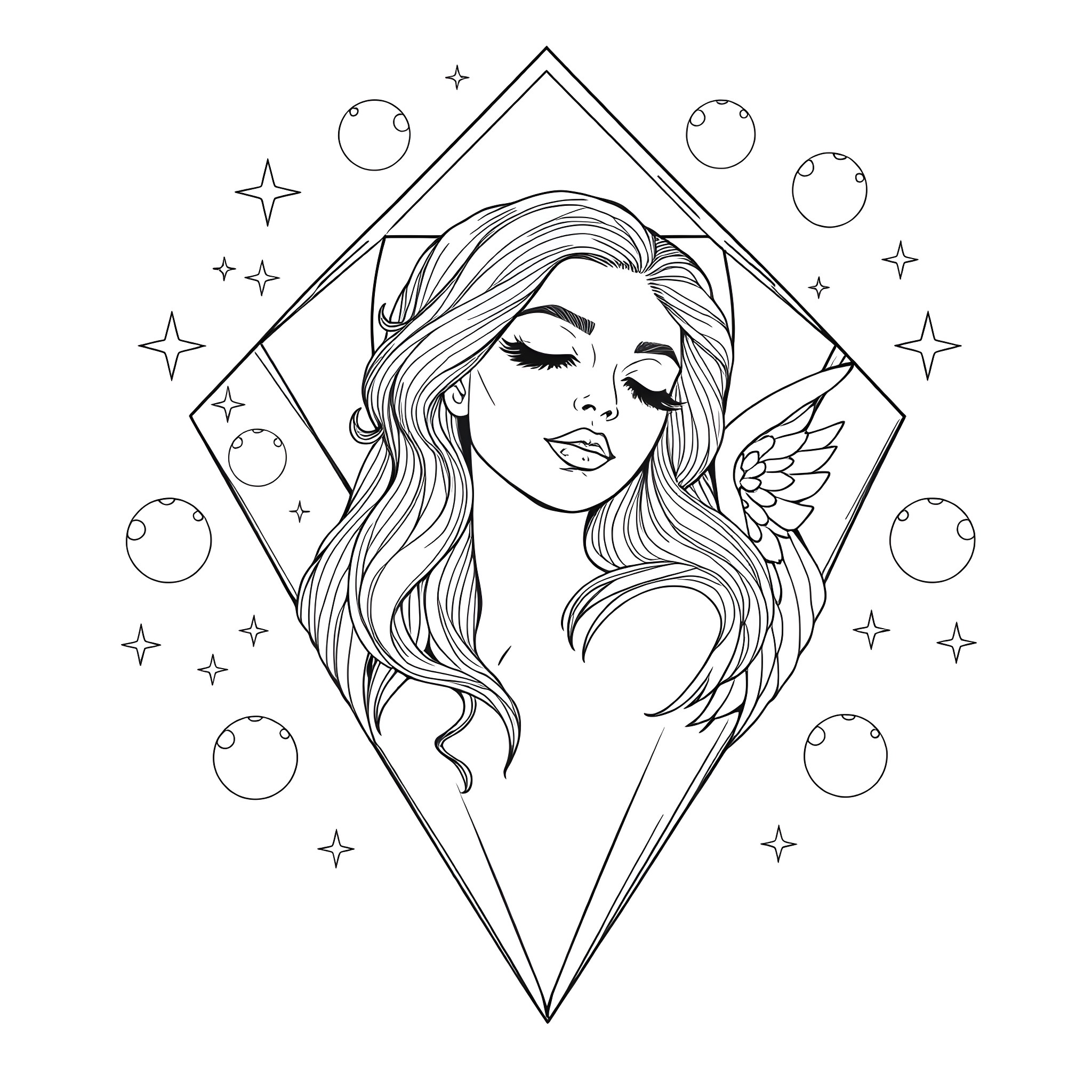 Woman with angel wings and celestial elements Coloring Page (free black-and-white line drawing printable PDF for all, from beginners to advanced learners, including children, teens, adults, and seniors)