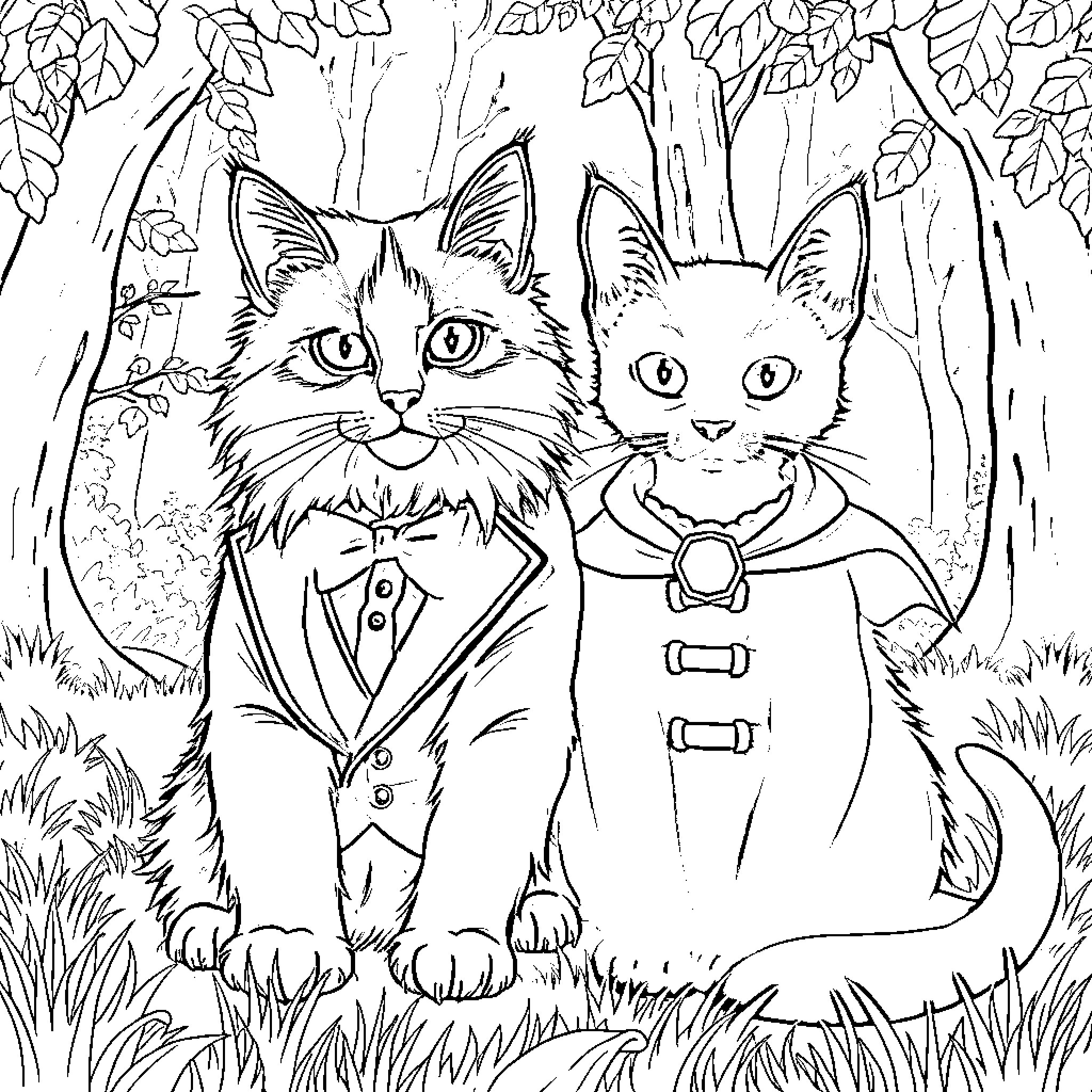 Cat Companions in Whimsical Attire Coloring Page (free black-and-white line drawing printable PDF for all, from beginners to advanced learners, including children, teens, adults, and seniors)