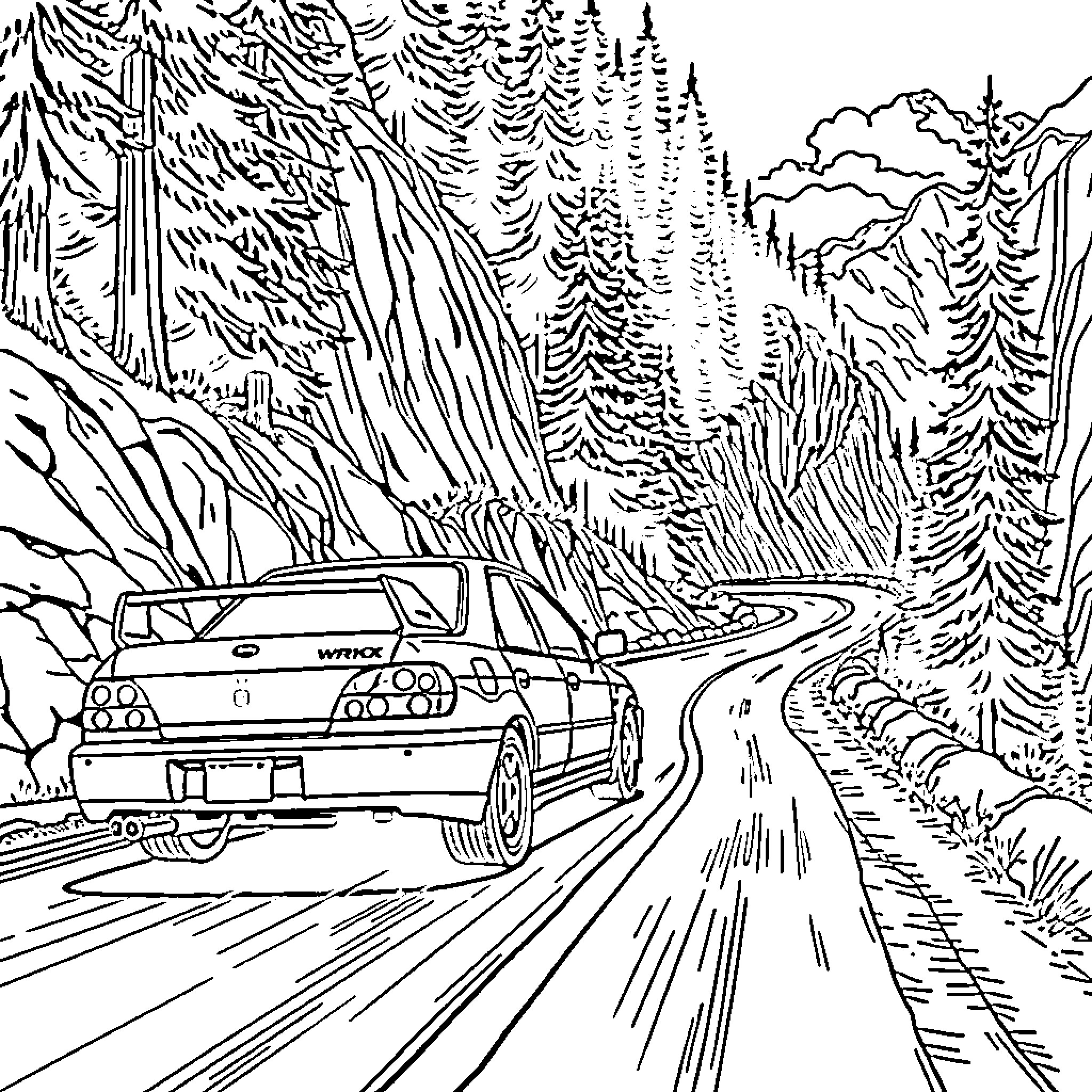 Wrx speeding through the forested mountain road Coloring Page (free black-and-white line drawing printable PDF for all, from beginners to advanced learners, including children, teens, adults, and seniors)