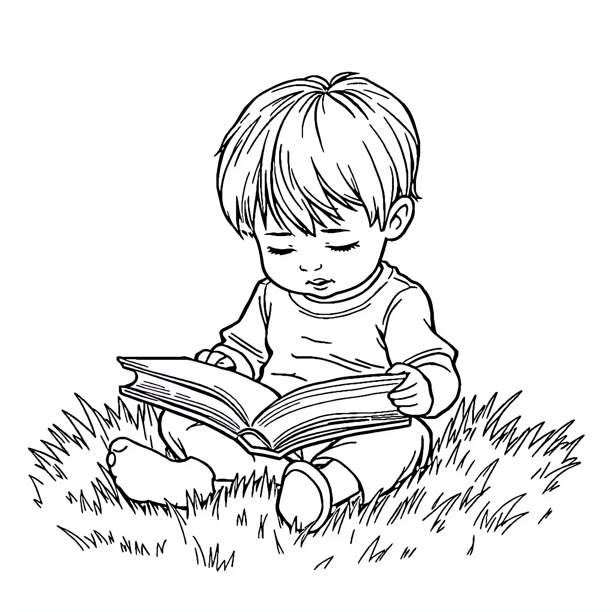 Child reading a book peacefully in the grass Coloring Page (free black-and-white line drawing printable PDF for all, from beginners to advanced learners, including children, teens, adults, and seniors)