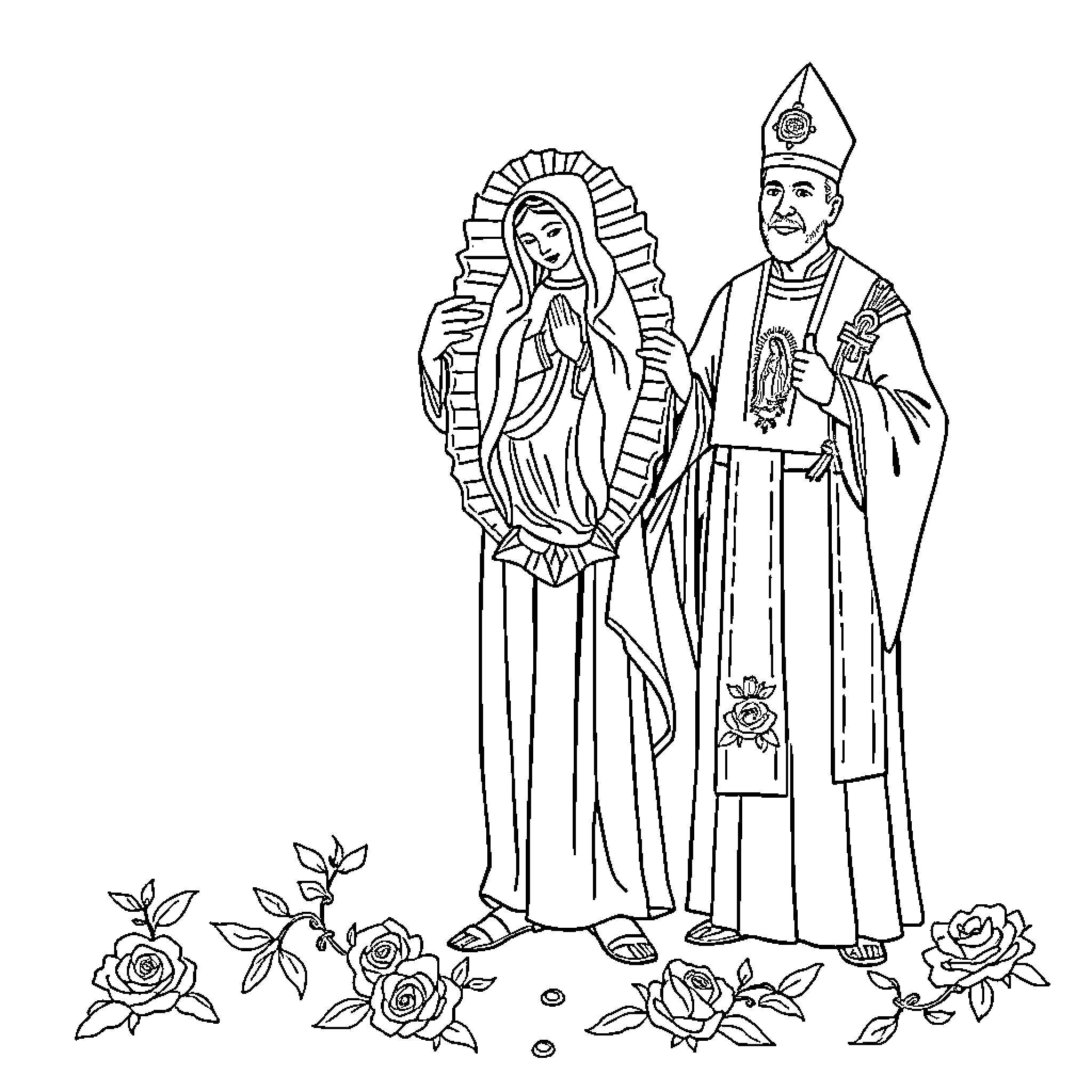 Juan Diego's Encounter with the Virgin of Guadalupe Coloring Page (free black-and-white line drawing printable PDF for all, from beginners to advanced learners, including children, teens, adults, and seniors)