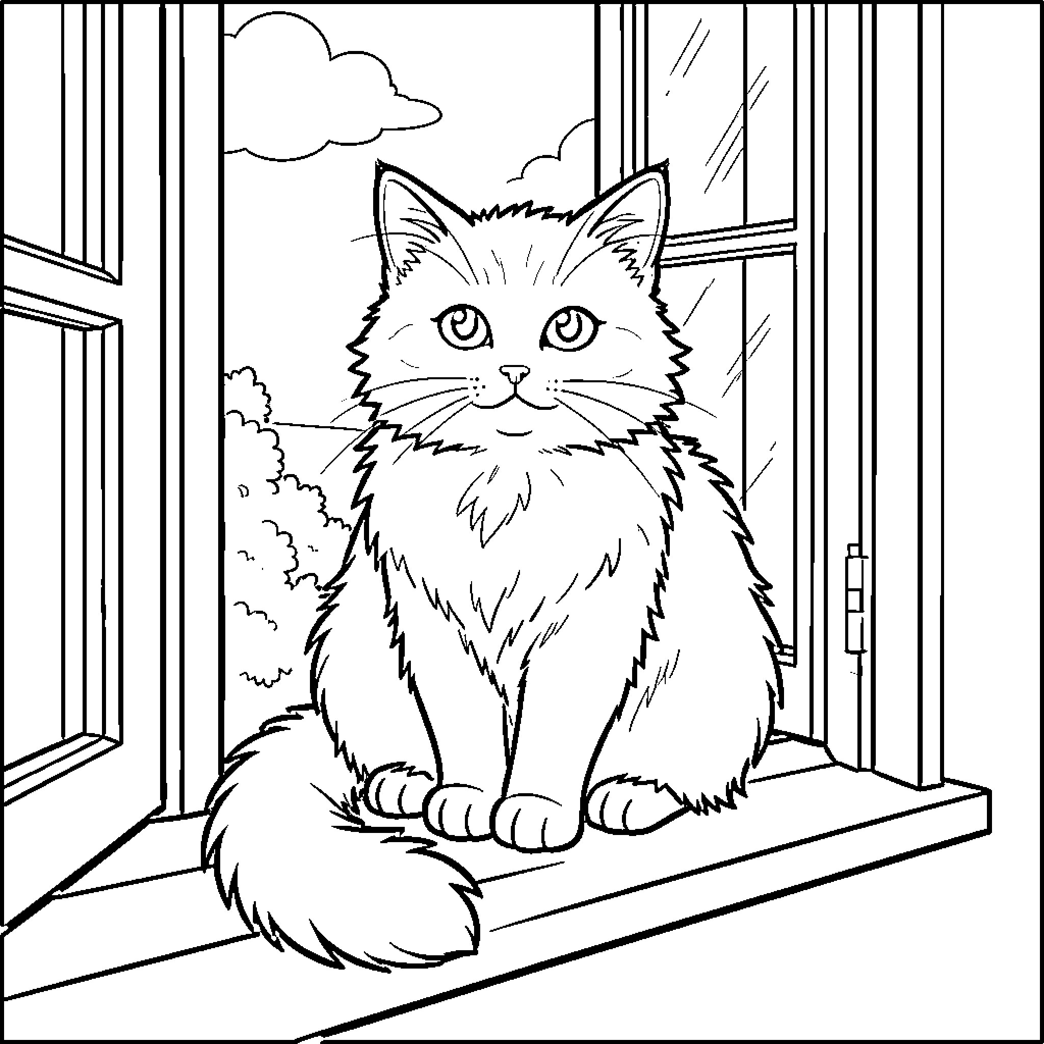 Cat sitting on a window sill Coloring Page (free black-and-white line drawing printable PDF for all, from beginners to advanced learners, including children, teens, adults, and seniors)