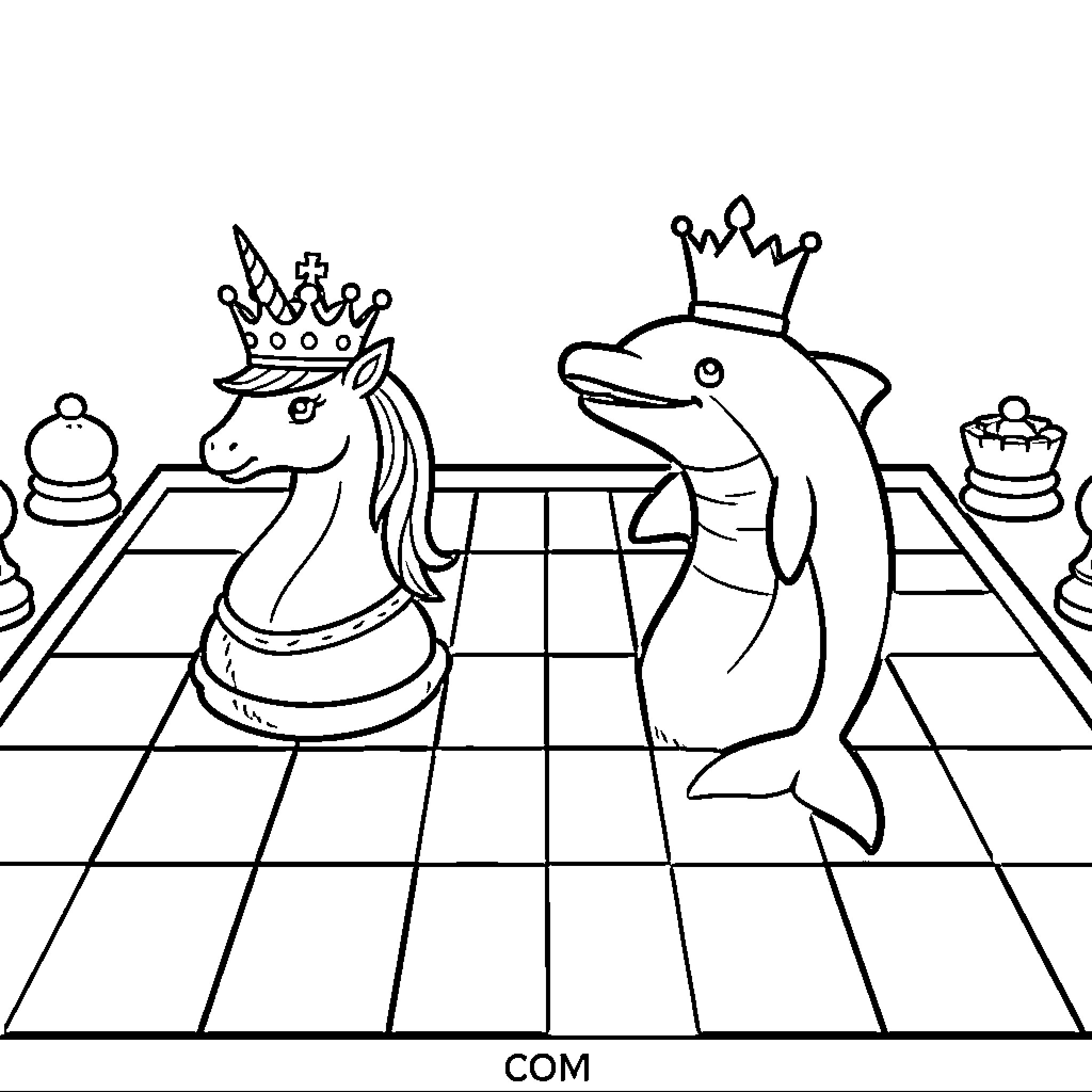 Échecs between a crowned unicorn and a dolphin Coloring Page (free black-and-white line drawing printable PDF for all, from beginners to advanced learners, including children, teens, adults, and seniors)