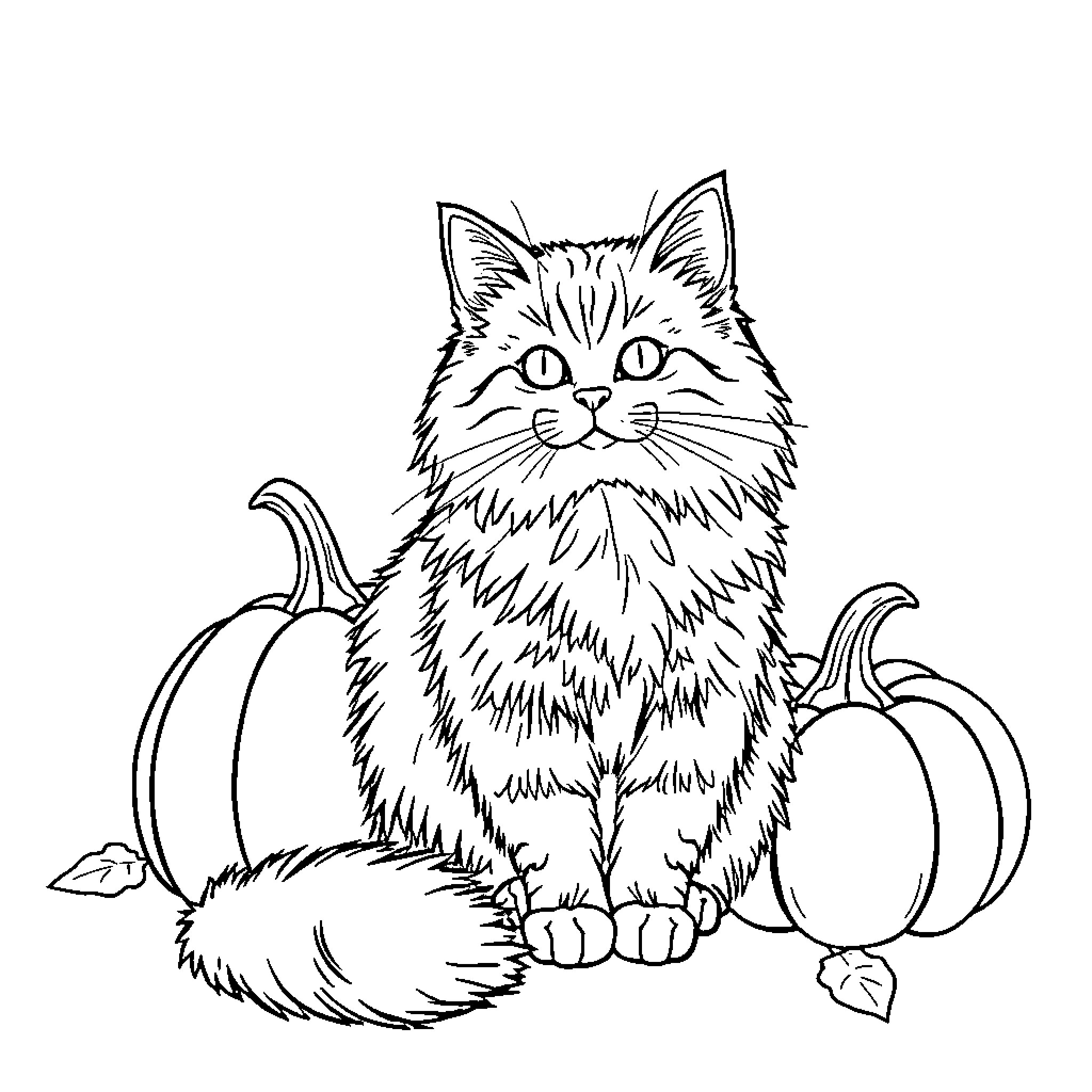 Cat sitting among autumn pumpkins Coloring Page (free black-and-white line drawing printable PDF for all, from beginners to advanced learners, including children, teens, adults, and seniors)