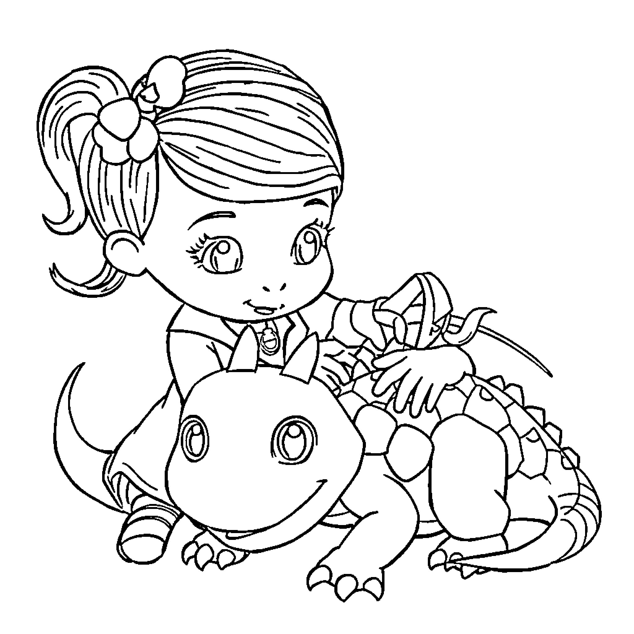 Doc McStuffins playing happily with a stuffed dinosaur toy Coloring Page (free black-and-white line drawing printable PDF for all, from beginners to advanced learners, including children, teens, adults, and seniors)