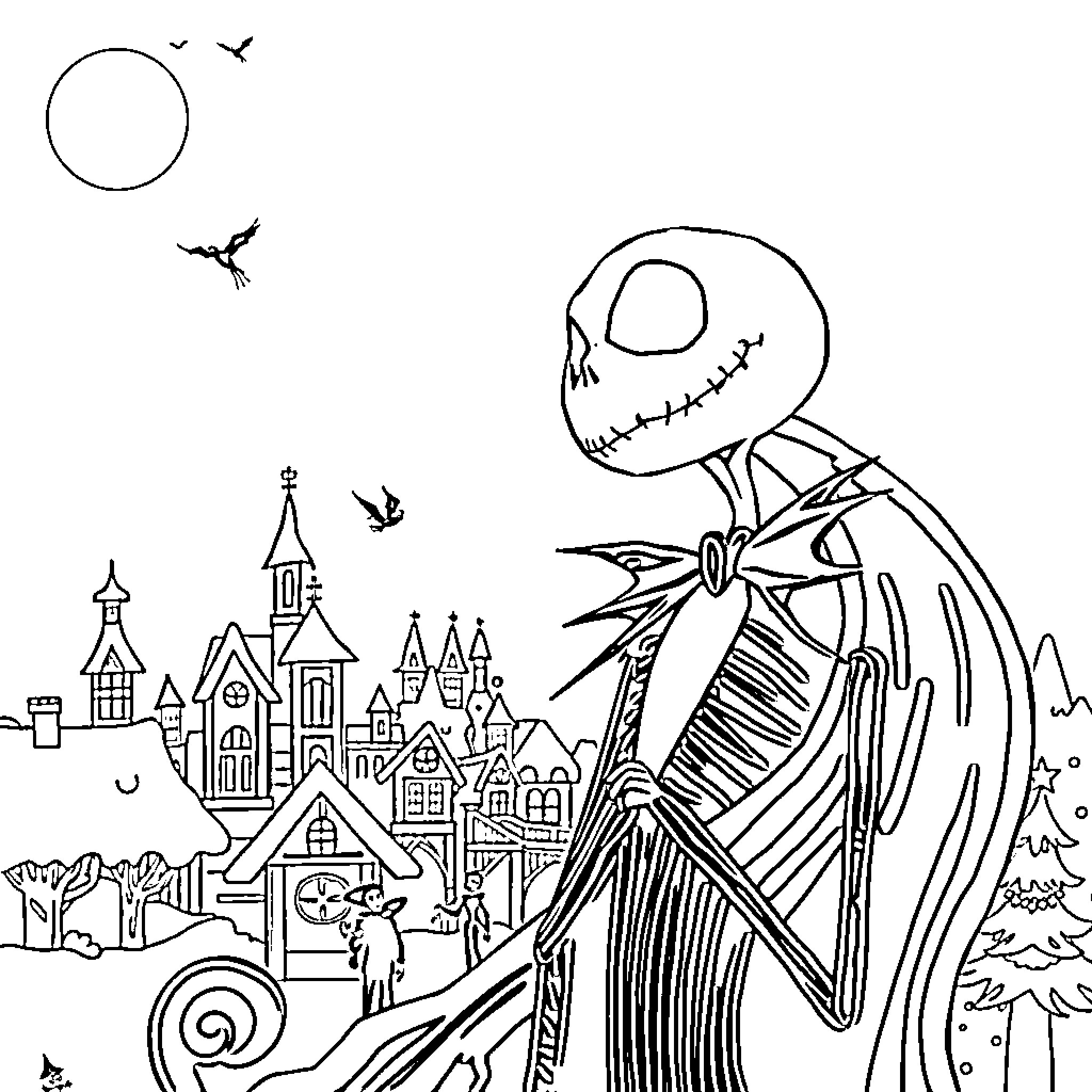 Nightmare Before Christmas in Ghostly Town Coloring Page (free black-and-white line drawing printable PDF for all, from beginners to advanced learners, including children, teens, adults, and seniors)