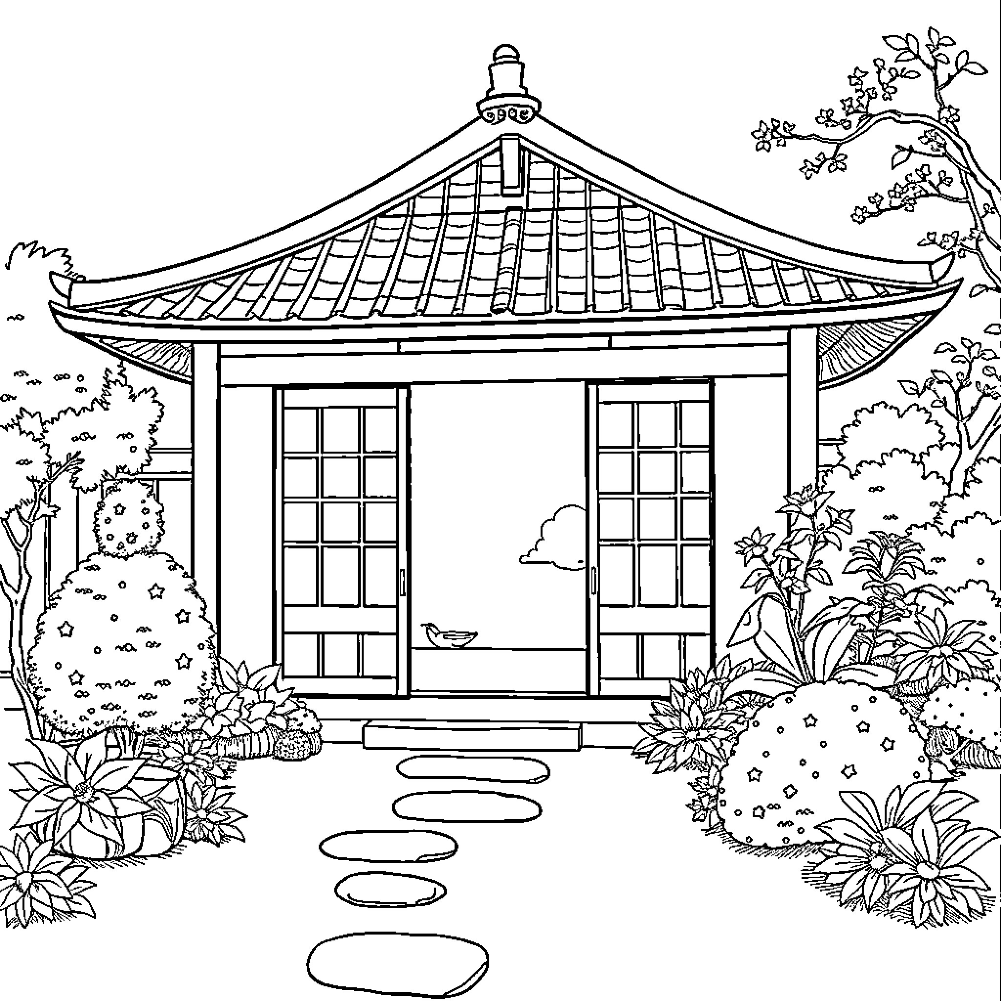 Japanese traditional house in tranquil garden Coloring Page (free black-and-white line drawing printable PDF for all, from beginners to advanced learners, including children, teens, adults, and seniors)
