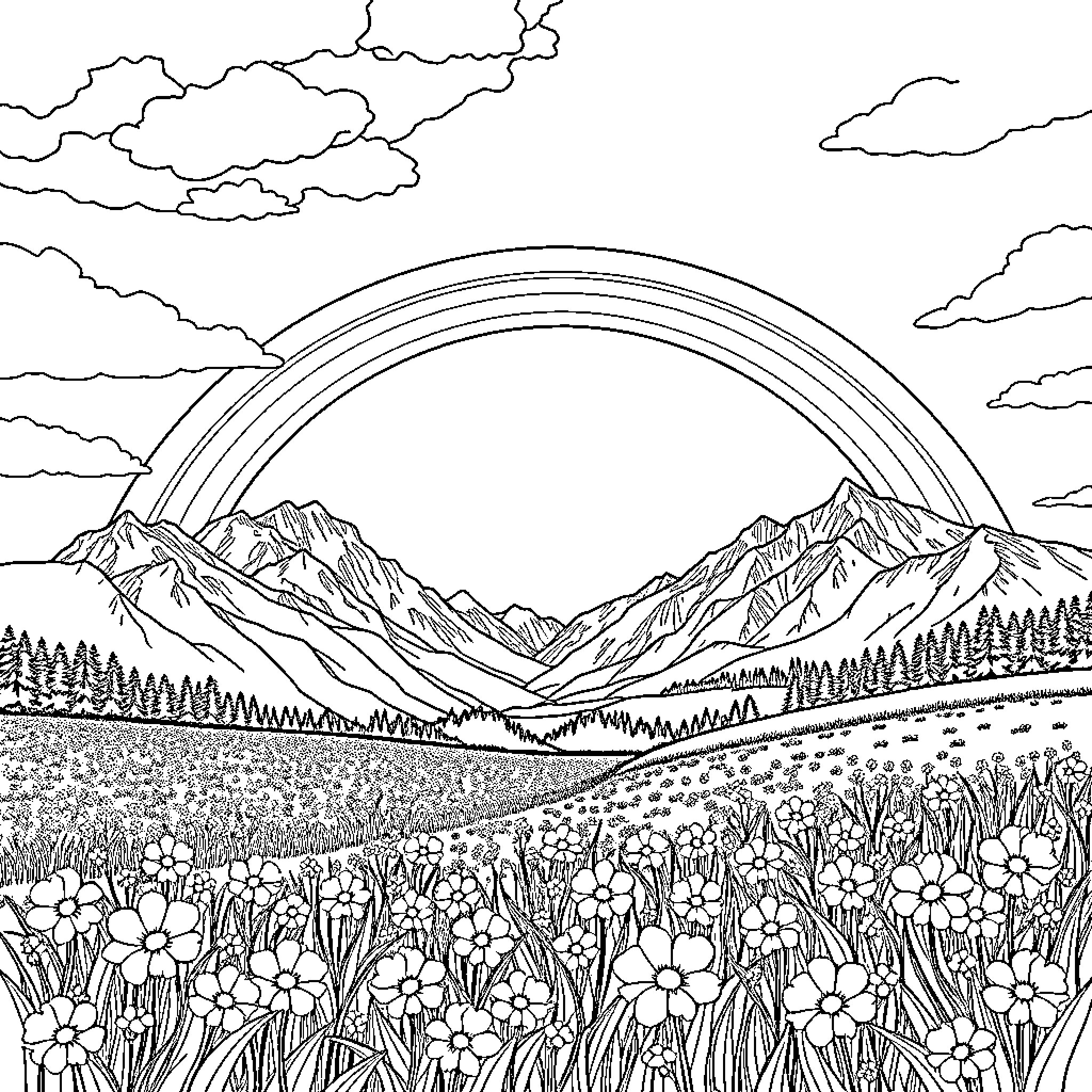 Rainbow over Majestic Mountain Landscape Coloring Page (free black-and-white line drawing printable PDF for all, from beginners to advanced learners, including children, teens, adults, and seniors)