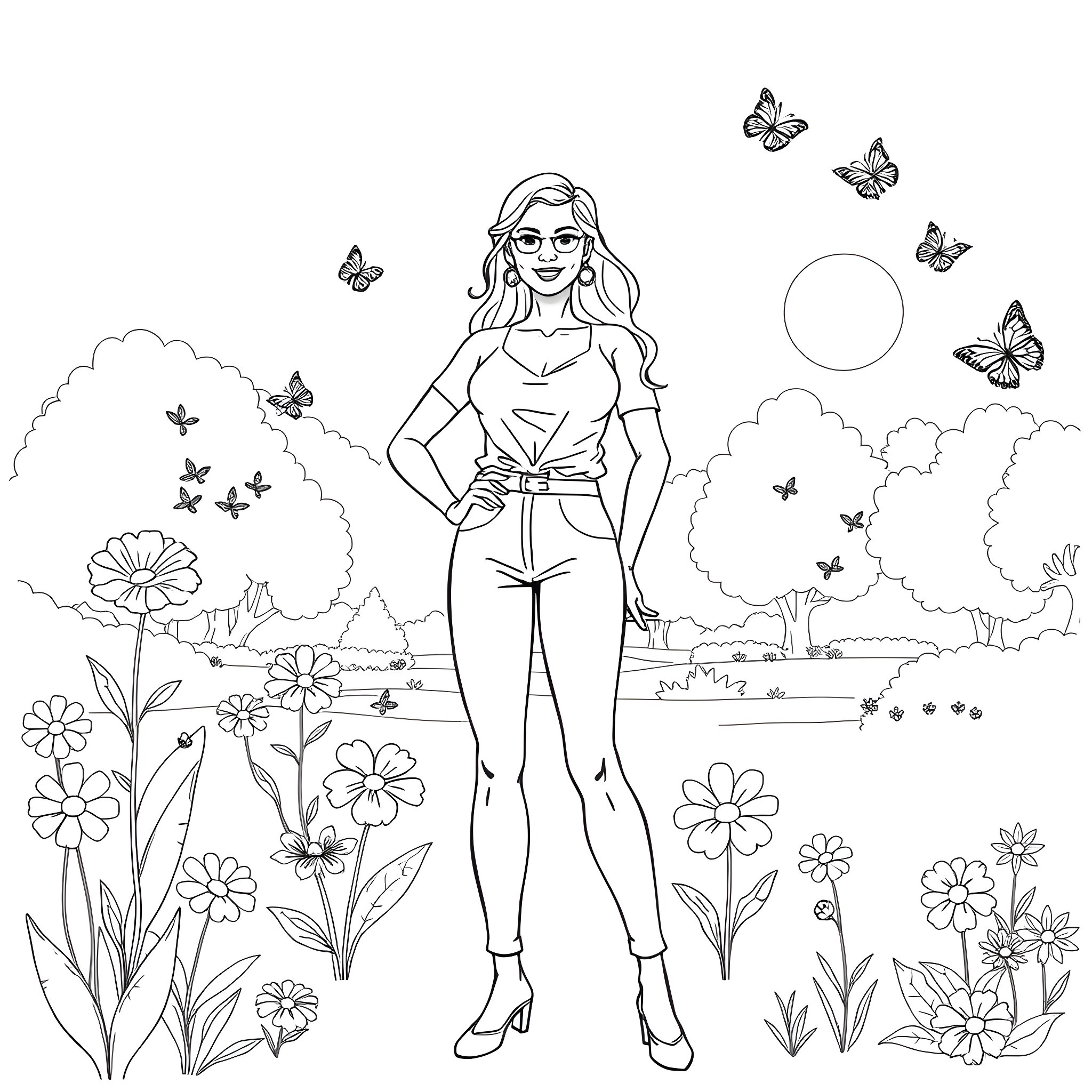 Chick in a floral meadow with butterflies Coloring Page (free black-and-white line drawing printable PDF for all, from beginners to advanced learners, including children, teens, adults, and seniors)