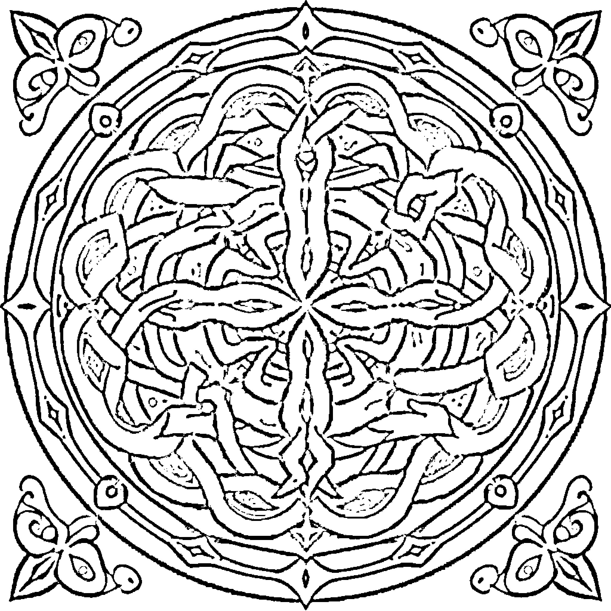 Celtic Mandala with Intricately Intertwined Designs Coloring Page (free black-and-white line drawing printable PDF for all, from beginners to advanced learners, including children, teens, adults, and seniors)