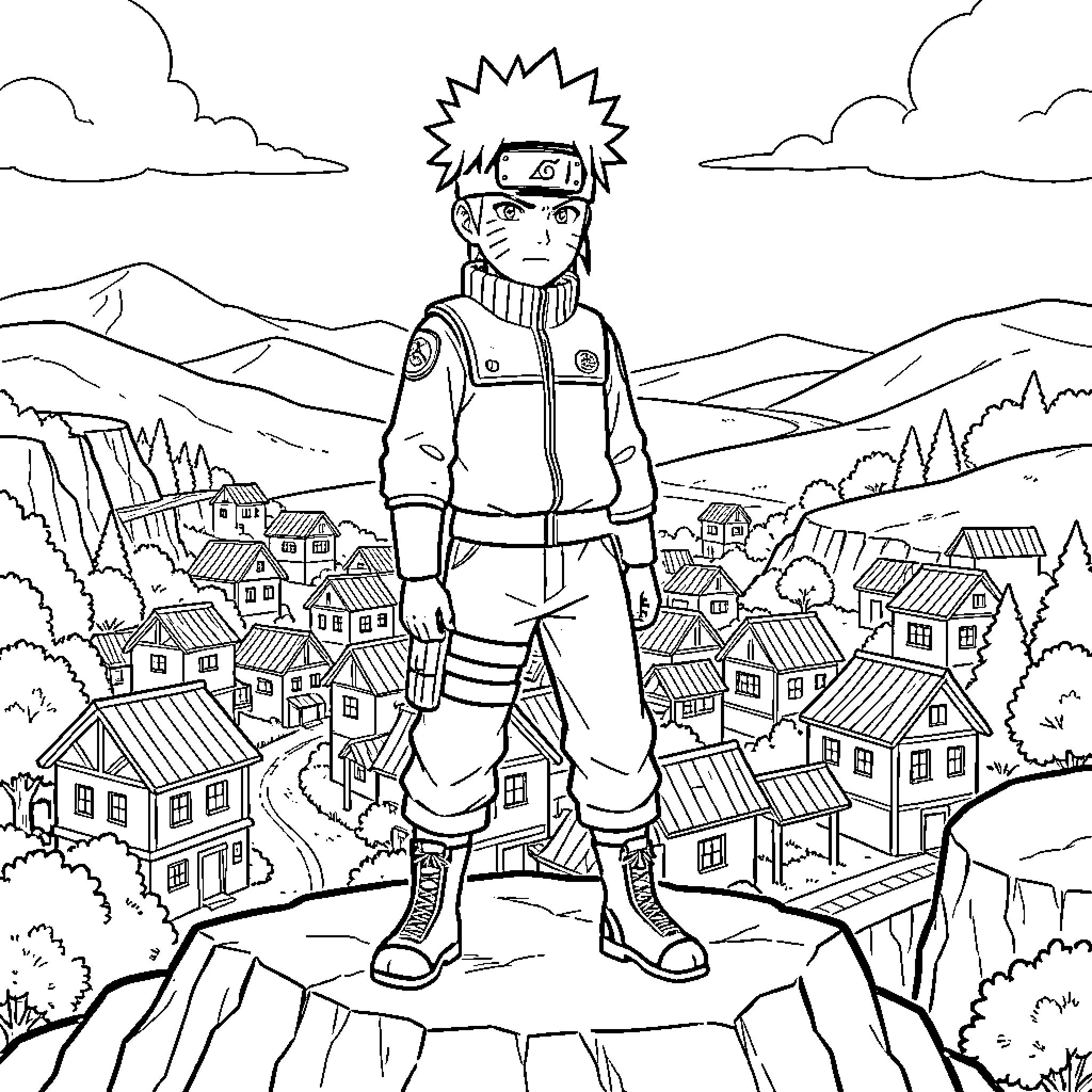 Naruto standing atop a village in the mountains Coloring Page (free black-and-white line drawing printable PDF for all, from beginners to advanced learners, including children, teens, adults, and seniors)