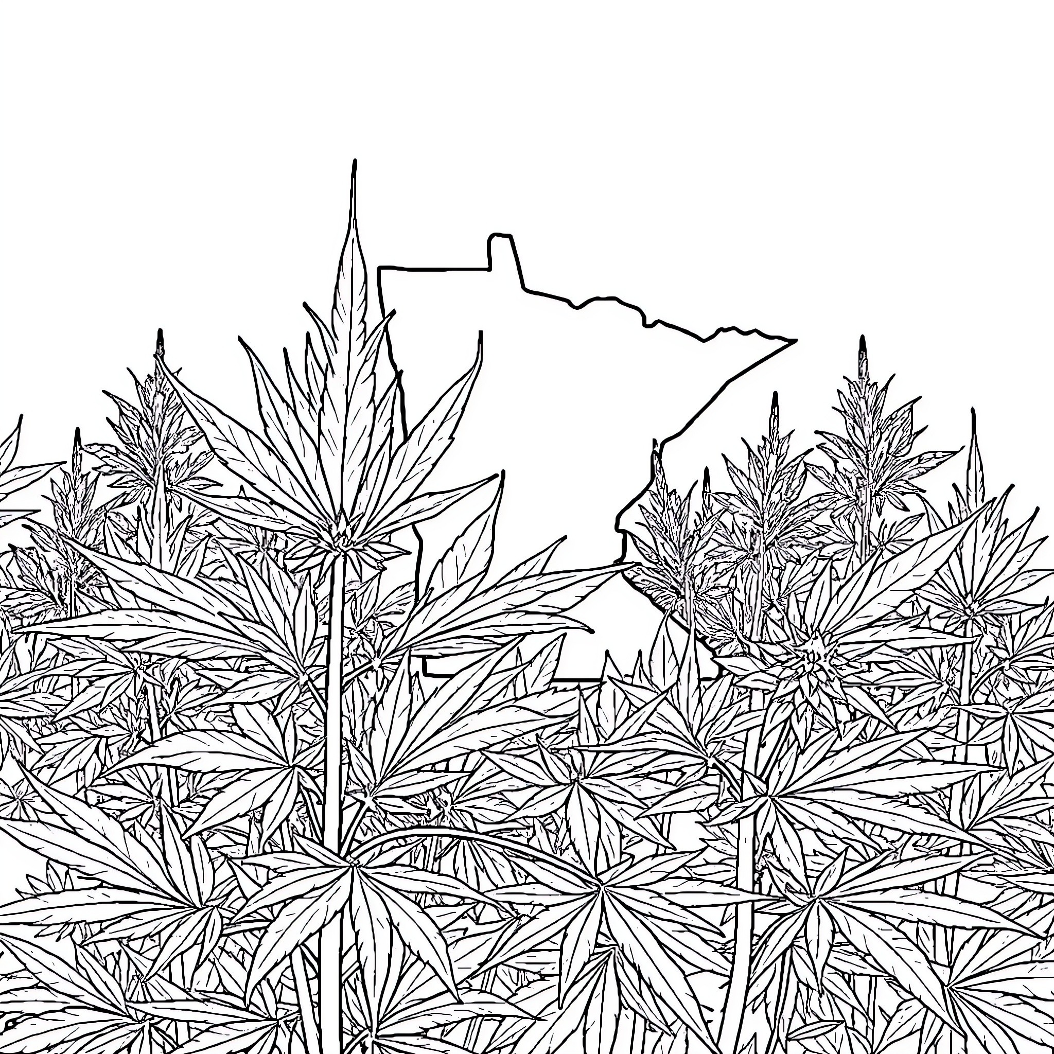 Marijuana Leaf Overlapping Landscape Scenery Coloring Page (free black-and-white line drawing printable PDF for all, from beginners to advanced learners, including children, teens, adults, and seniors)