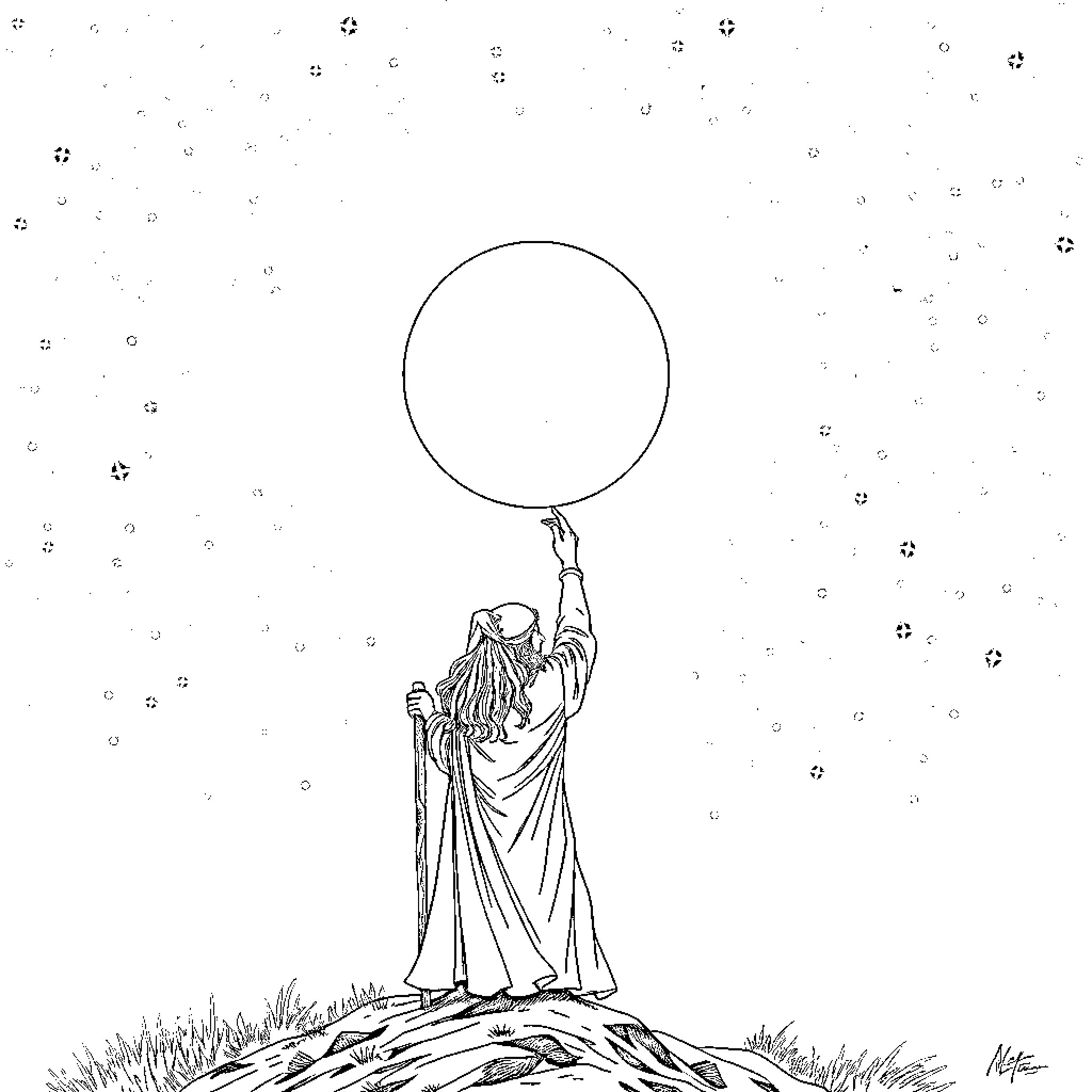Gandalf casting spells amidst the stars Coloring Page (free black-and-white line drawing printable PDF for all, from beginners to advanced learners, including children, teens, adults, and seniors)