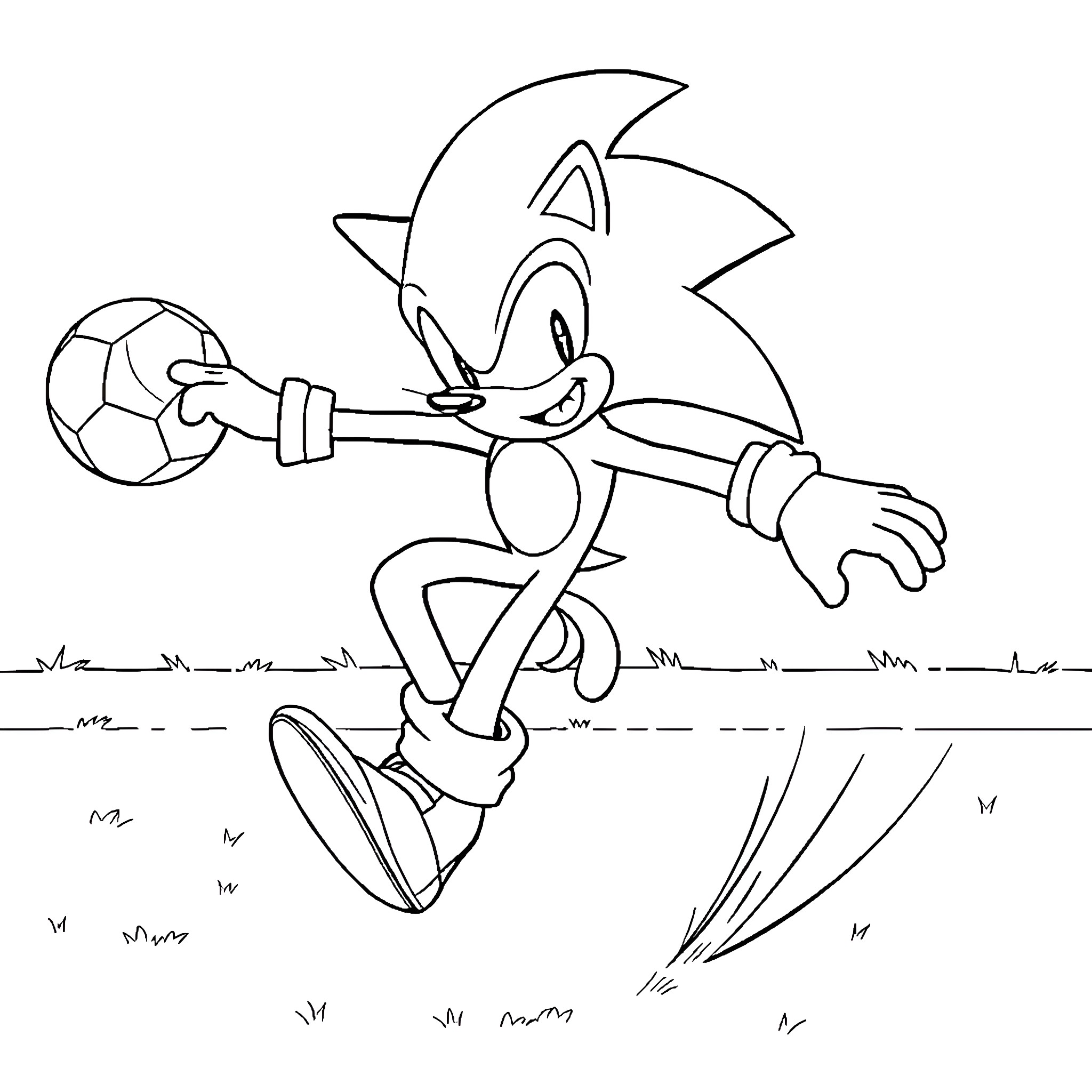Sonic playing with a soccer ball in the park Coloring Page (free black-and-white line drawing printable PDF for all, from beginners to advanced learners, including children, teens, adults, and seniors)