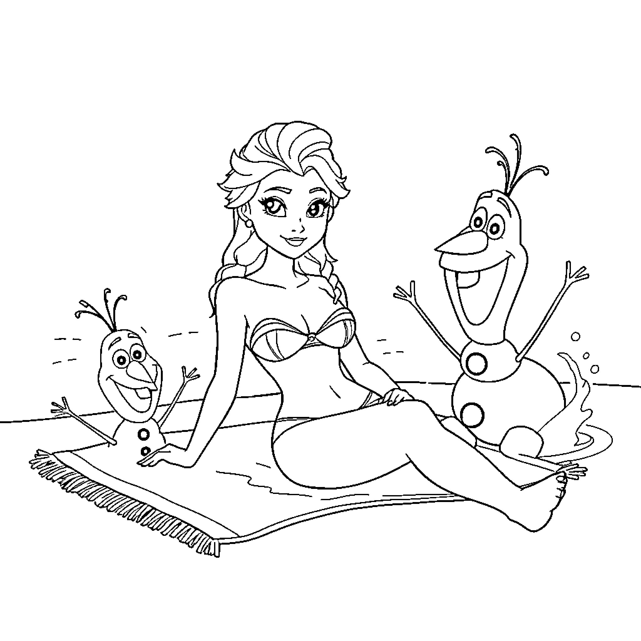 Elsa enjoys a relaxing day with Olaf Coloring Page (free black-and-white line drawing printable PDF for all, from beginners to advanced learners, including children, teens, adults, and seniors)