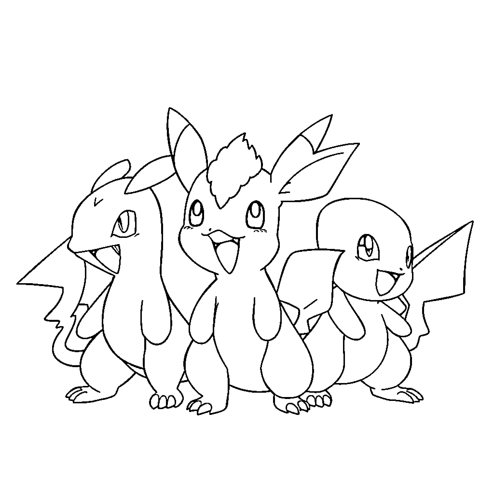 Pokémon trio in playful poses Coloring Page (free black-and-white line drawing printable PDF for all, from beginners to advanced learners, including children, teens, adults, and seniors)