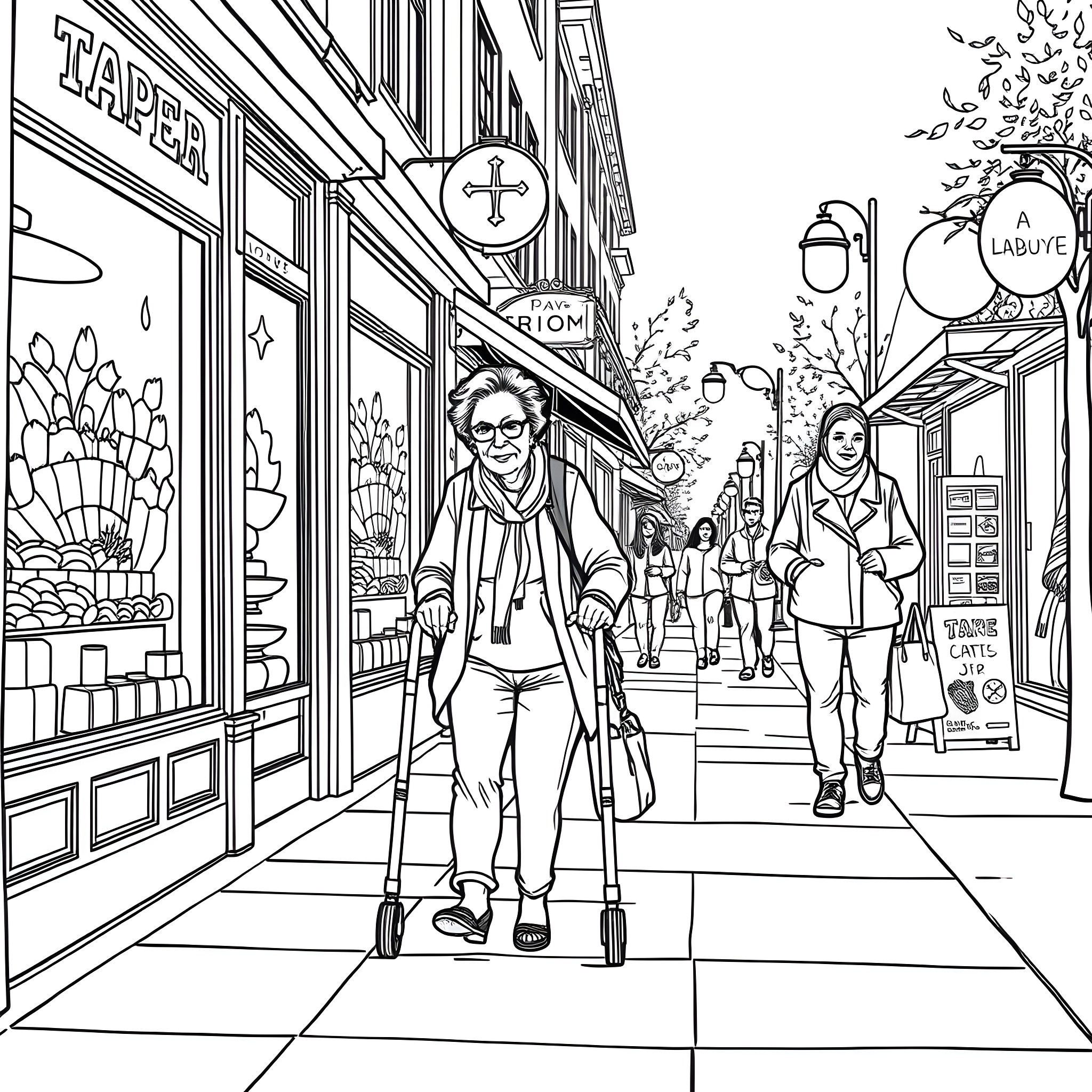 Woman walking on a busy city sidewalk Coloring Page (free black-and-white line drawing printable PDF for all, from beginners to advanced learners, including children, teens, adults, and seniors)