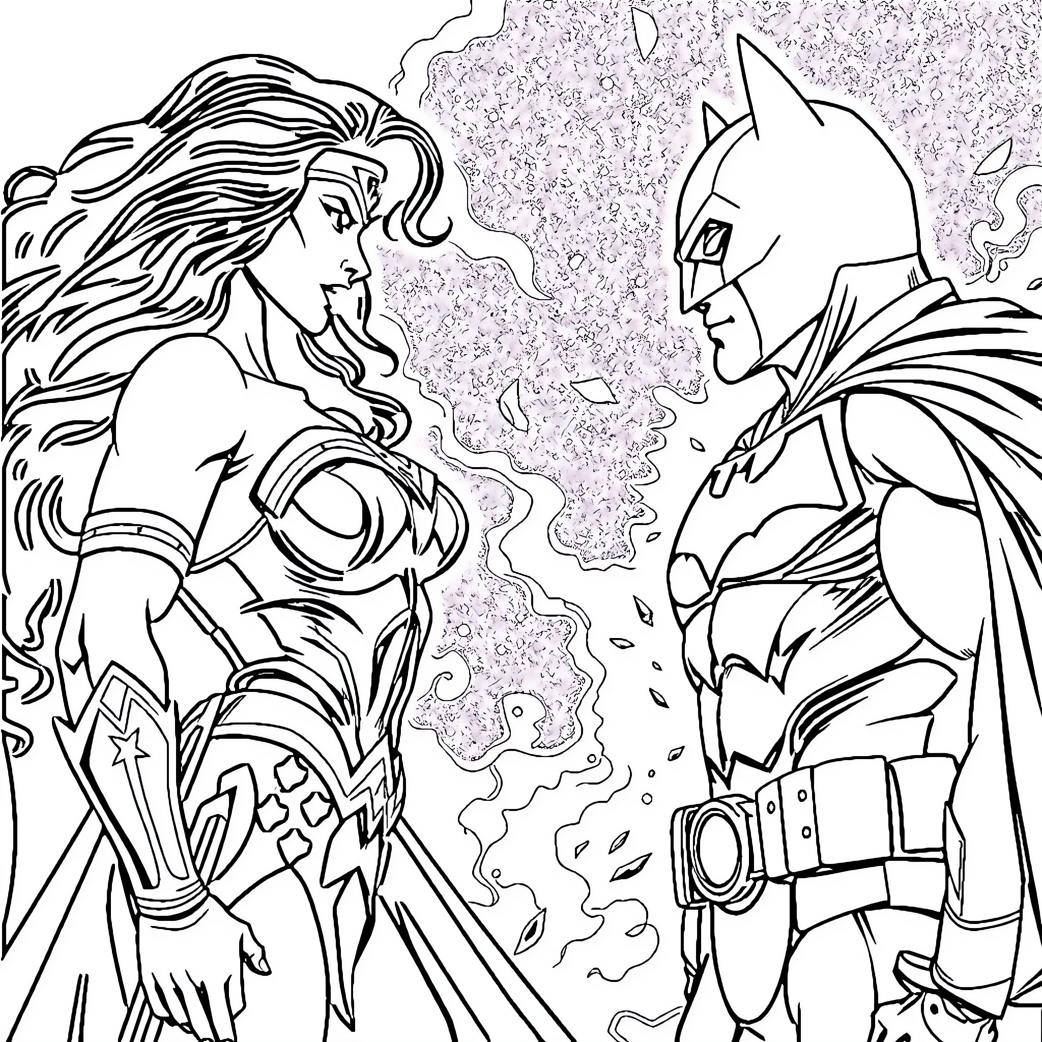 Wonder Woman and Batman in epic confrontation Coloring Page (free black-and-white line drawing printable PDF for all, from beginners to advanced learners, including children, teens, adults, and seniors)