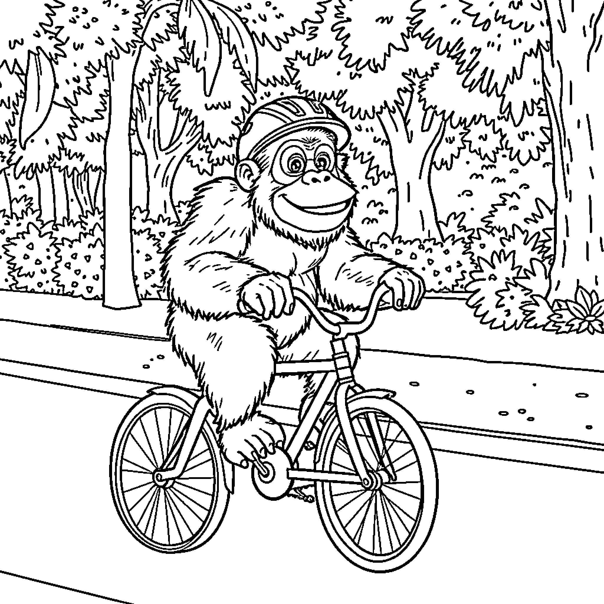 Orangutan riding a bicycle through the forest Coloring Page (free black-and-white line drawing printable PDF for all, from beginners to advanced learners, including children, teens, adults, and seniors)
