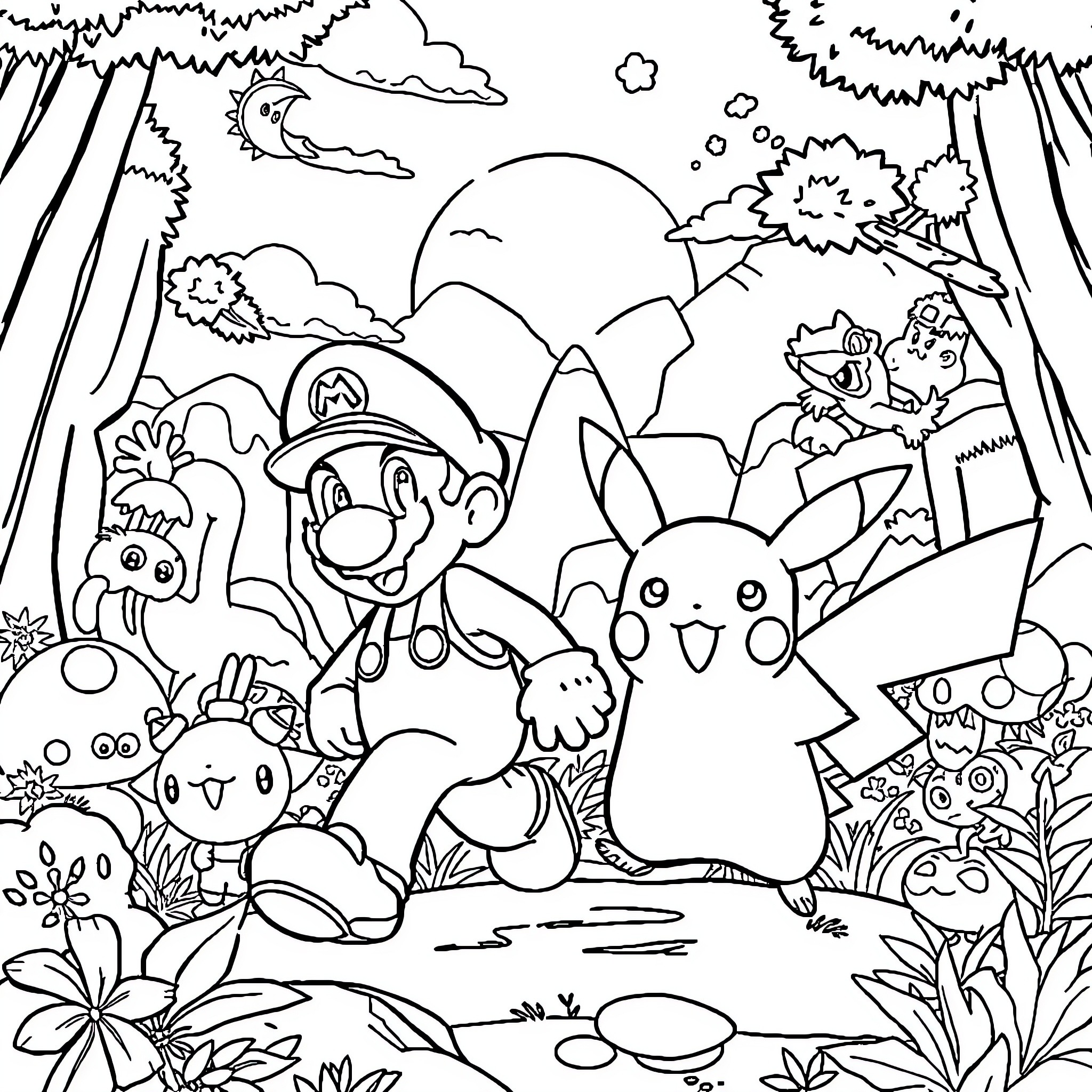Pokémon characters on an adventure in the forest Coloring Page (free black-and-white line drawing printable PDF for all, from beginners to advanced learners, including children, teens, adults, and seniors)