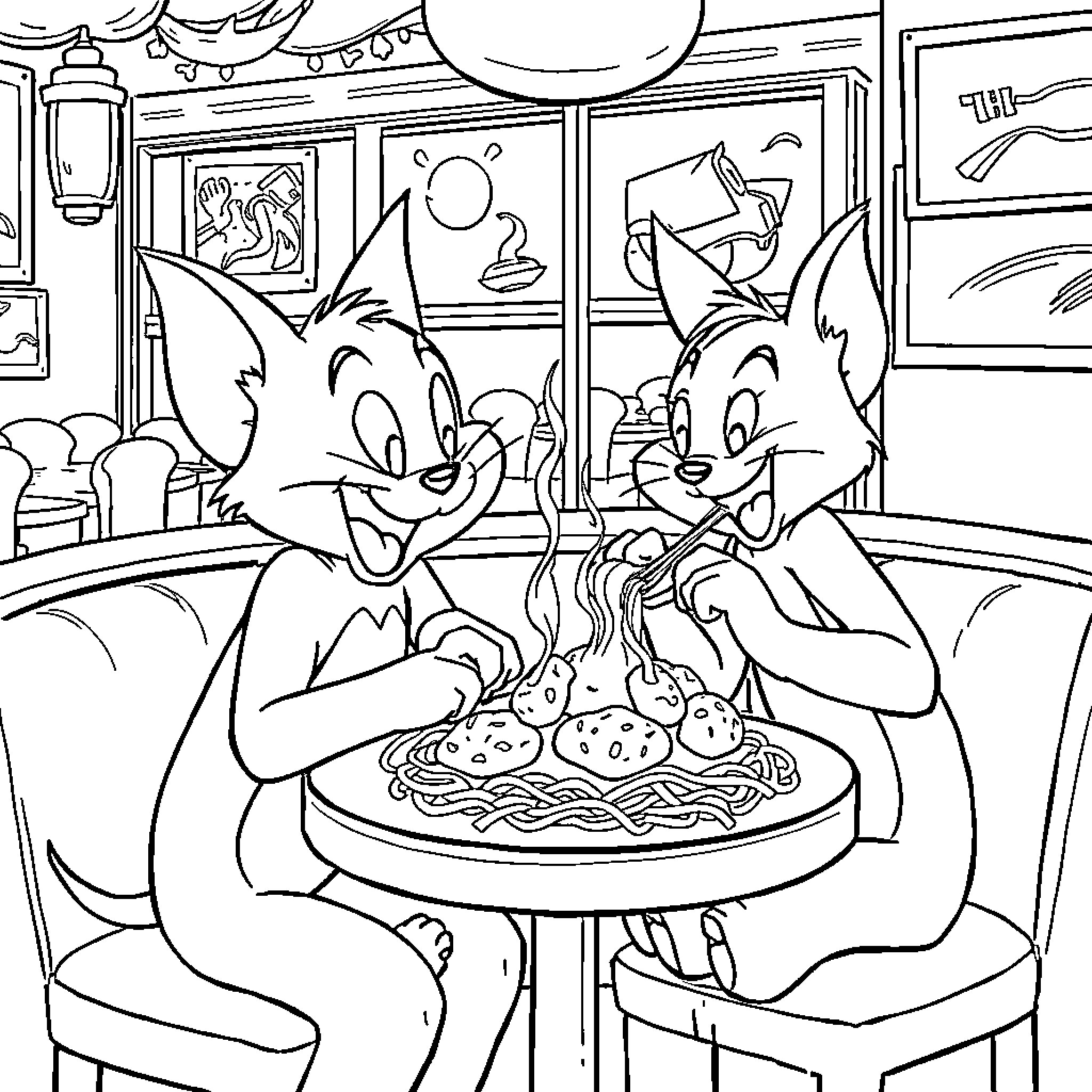 Tom and Jerry Enjoying a Meal Together Coloring Page (free black-and-white line drawing printable PDF for all, from beginners to advanced learners, including children, teens, adults, and seniors)