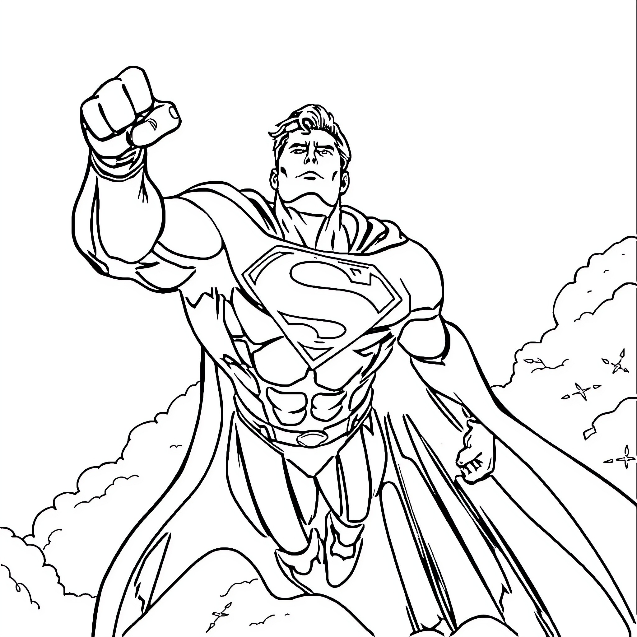 Superman's Heroic Pose in the Sky Coloring Page (free black-and-white line drawing printable PDF for all, from beginners to advanced learners, including children, teens, adults, and seniors)