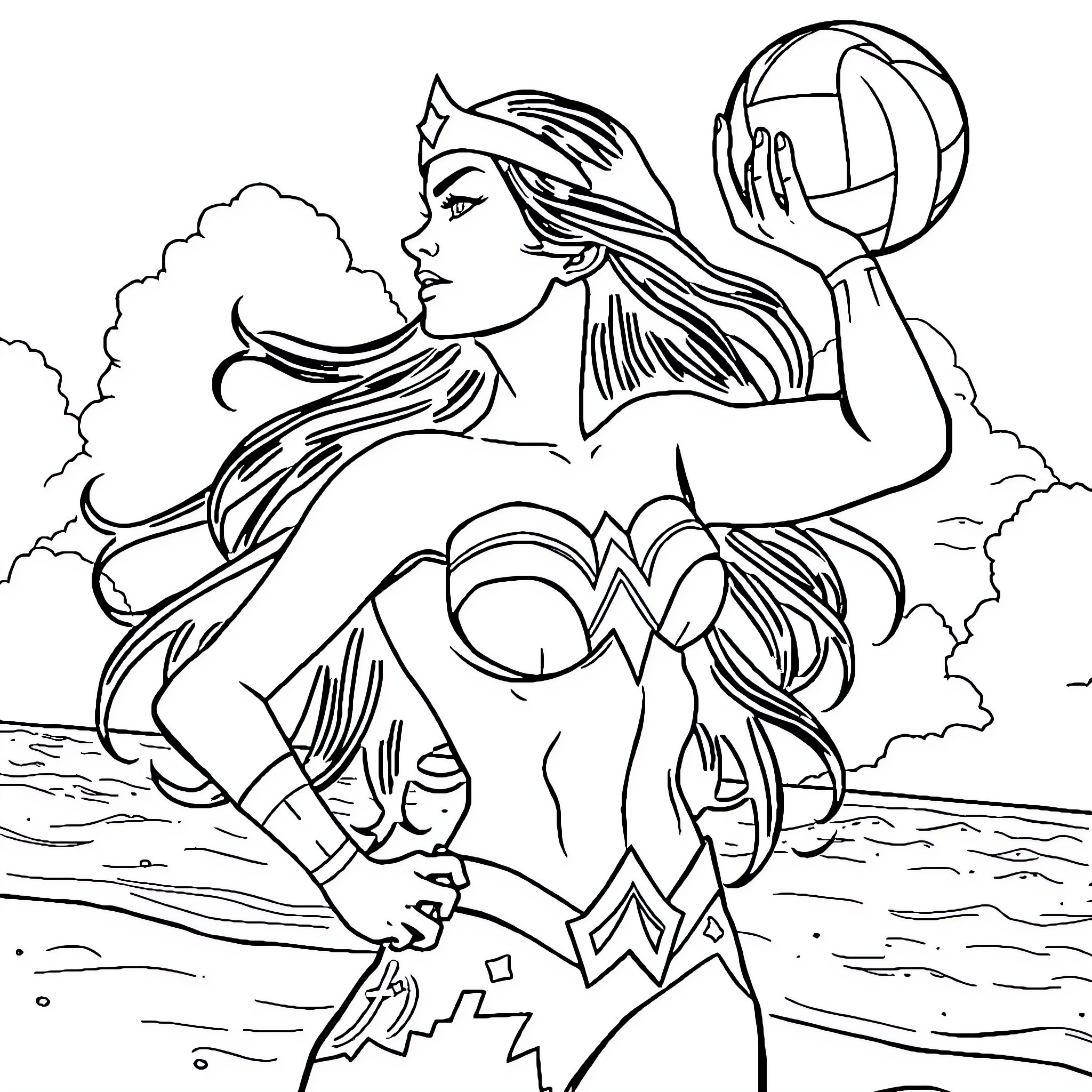 Wonder Woman Heroic Pose and Powerful Stance Coloring Page (free black-and-white line drawing printable PDF for all, from beginners to advanced learners, including children, teens, adults, and seniors)