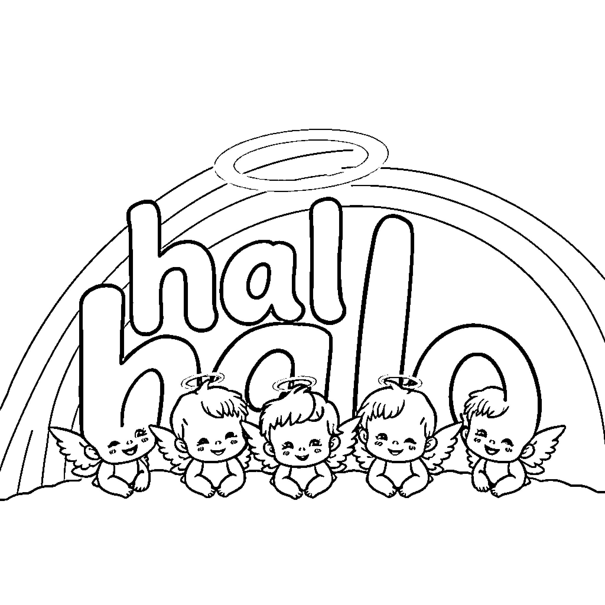 Halo of happy angelic figures Coloring Page (free black-and-white line drawing printable PDF for all, from beginners to advanced learners, including children, teens, adults, and seniors)