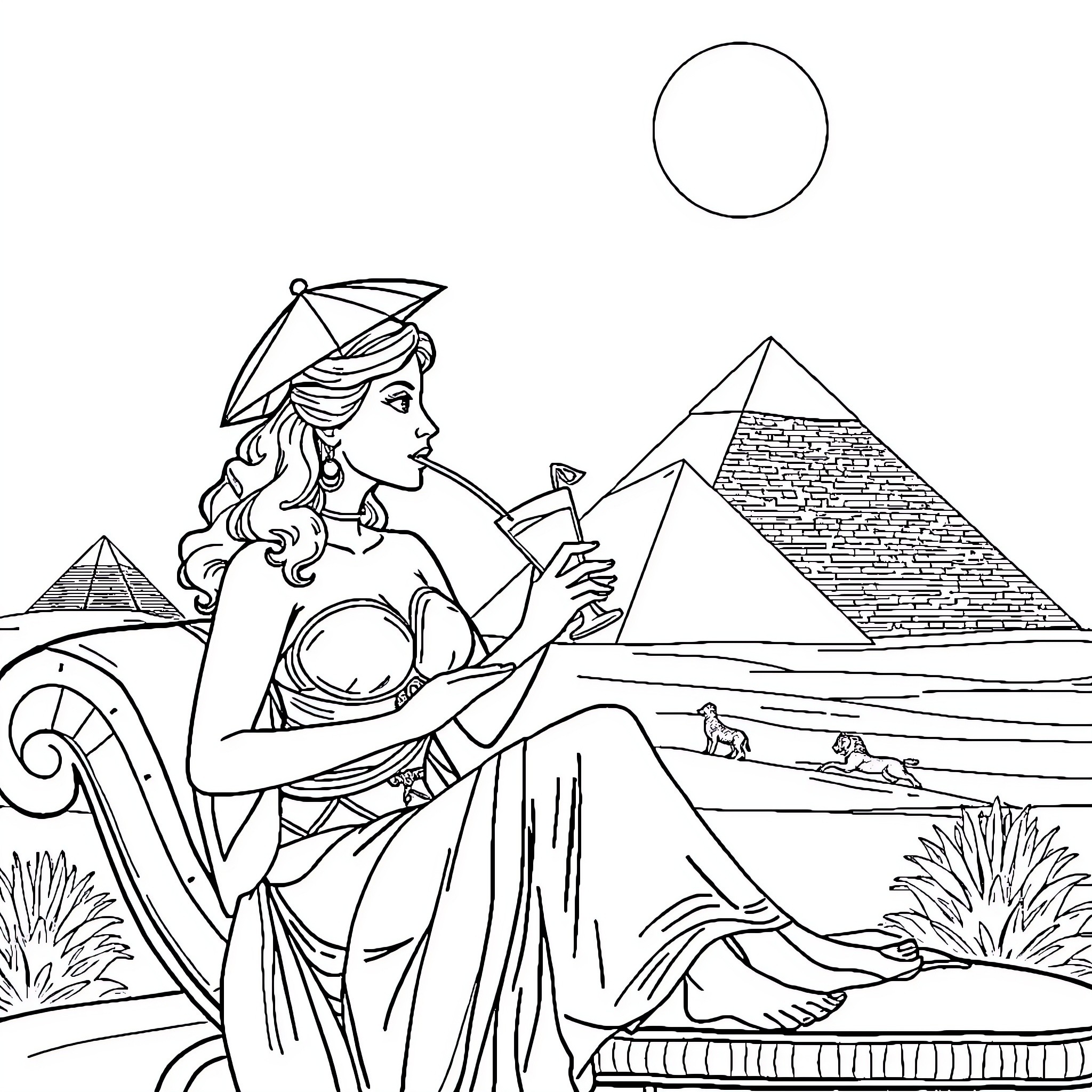 Athena gazing upon the ancient Egyptian pyramids Coloring Page (free black-and-white line drawing printable PDF for all, from beginners to advanced learners, including children, teens, adults, and seniors)