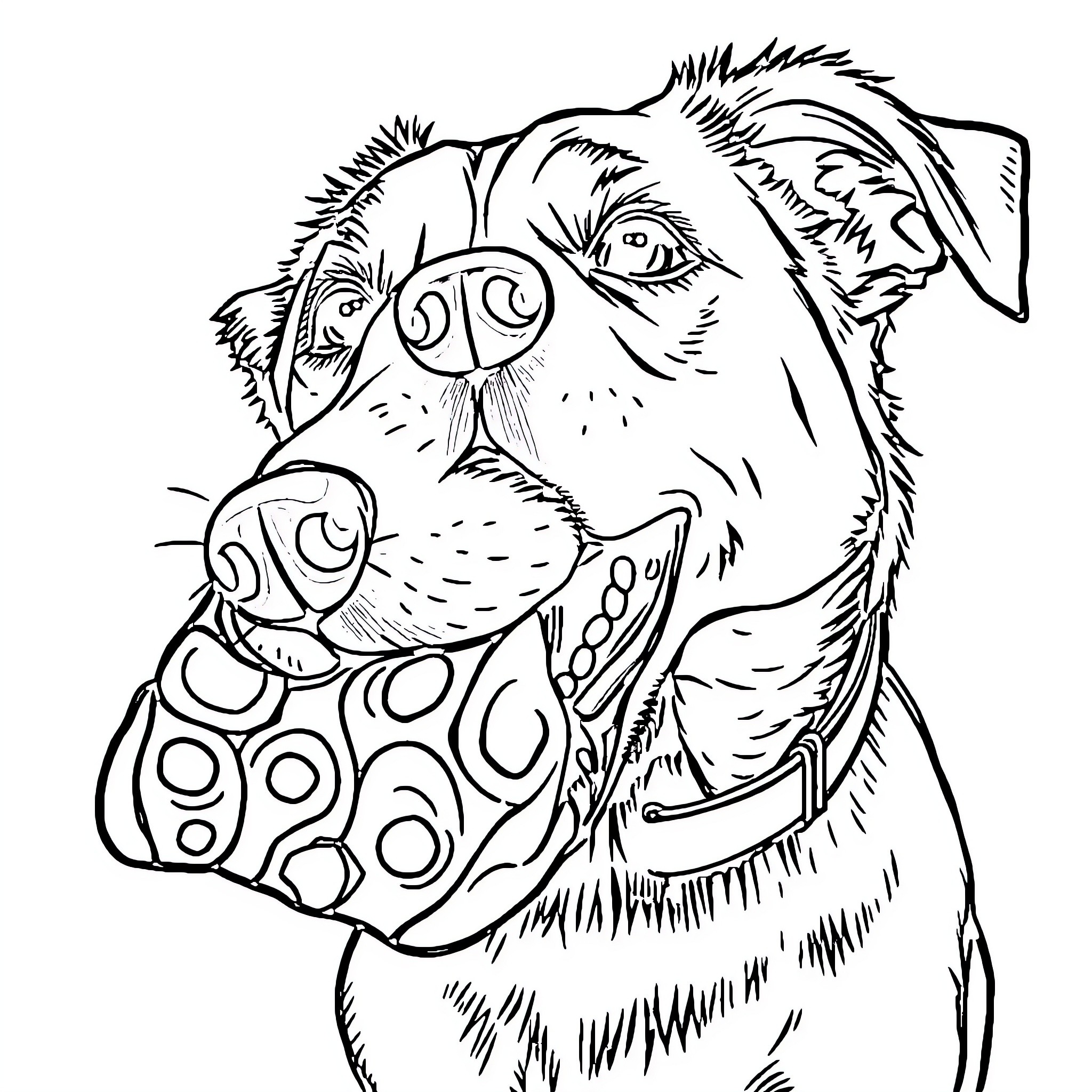 Dog wearing a polka dot bandana Coloring Page (free black-and-white line drawing printable PDF for all, from beginners to advanced learners, including children, teens, adults, and seniors)