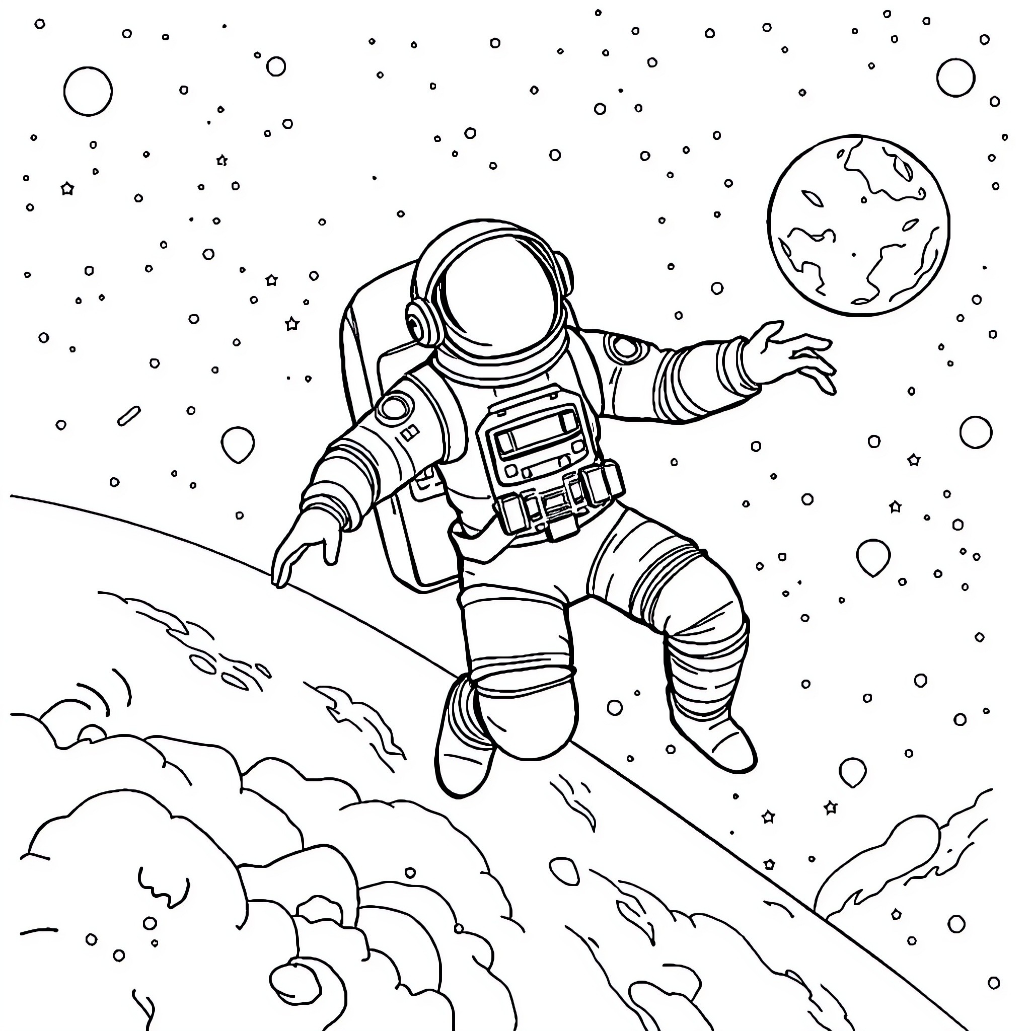 Astronaut floating in space Coloring Page (free black-and-white line drawing printable PDF for all, from beginners to advanced learners, including children, teens, adults, and seniors)